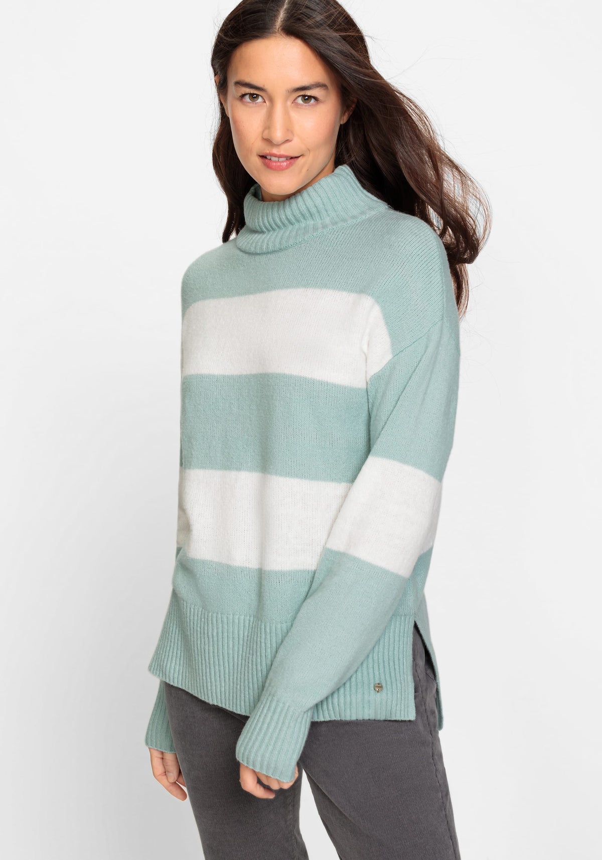 Cotton Blend Long Sleeve Block Stripe Mock Neck Sweater