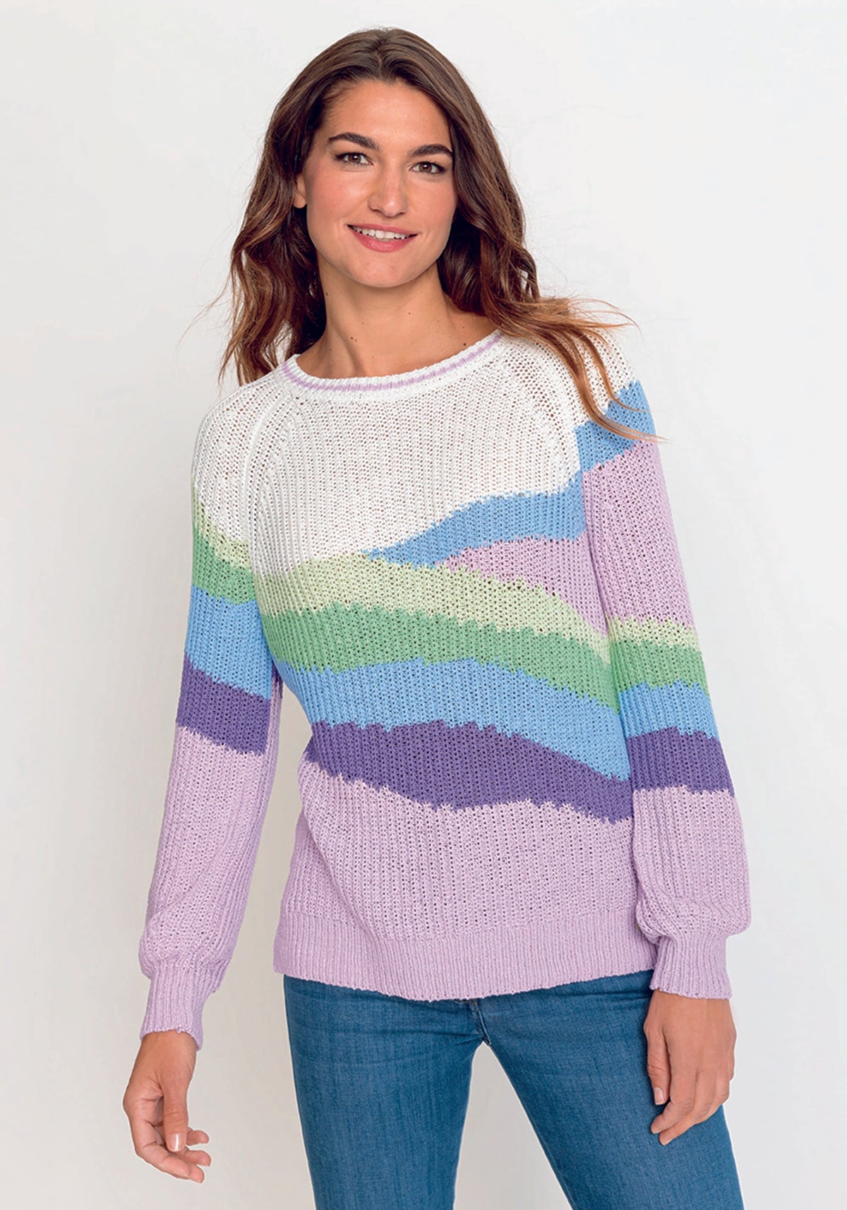 Cotton Blend Long Sleeve Abstract Tape Yarn Sweater