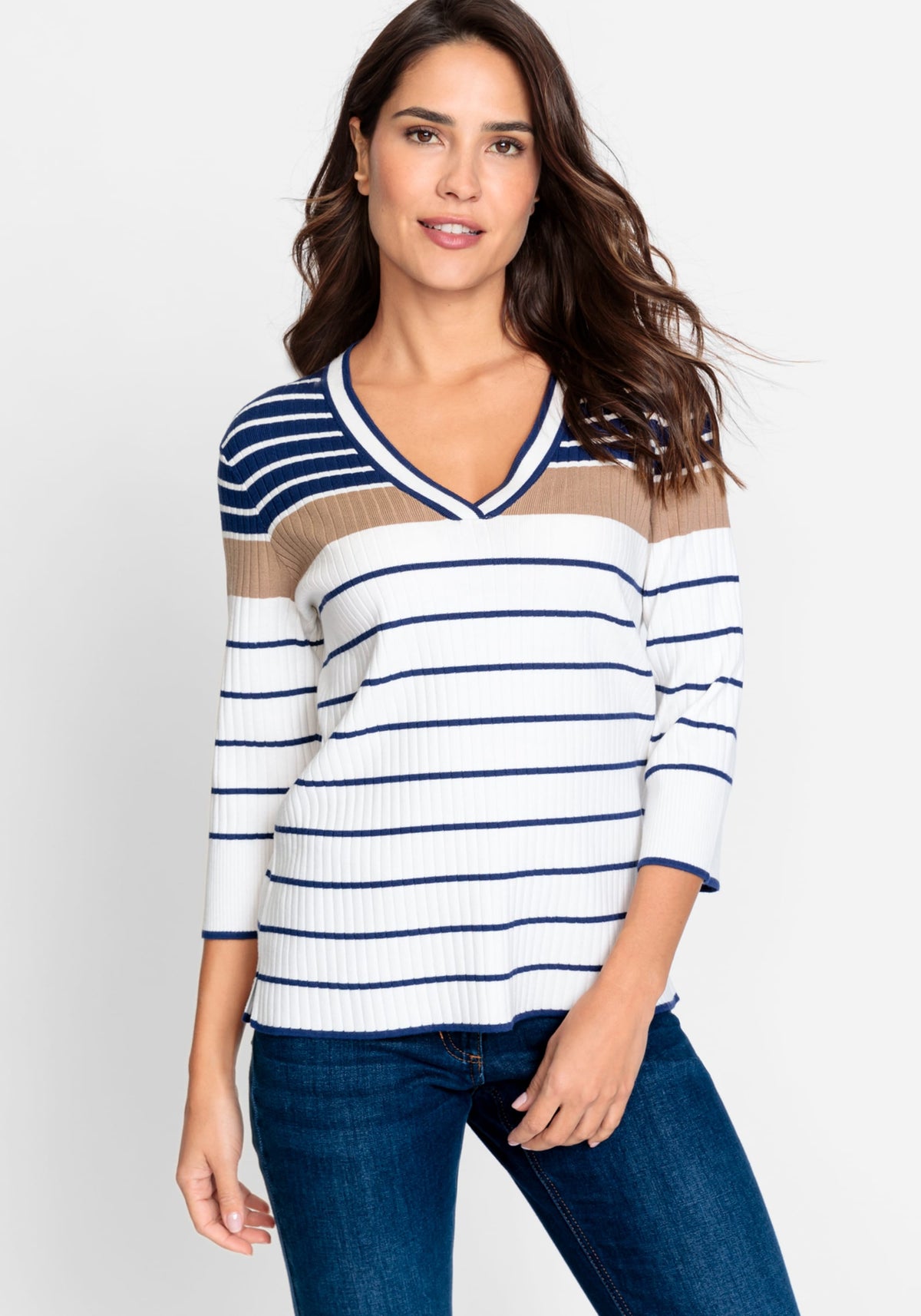 3/4 Sleeve Striped V-Neck Pullover