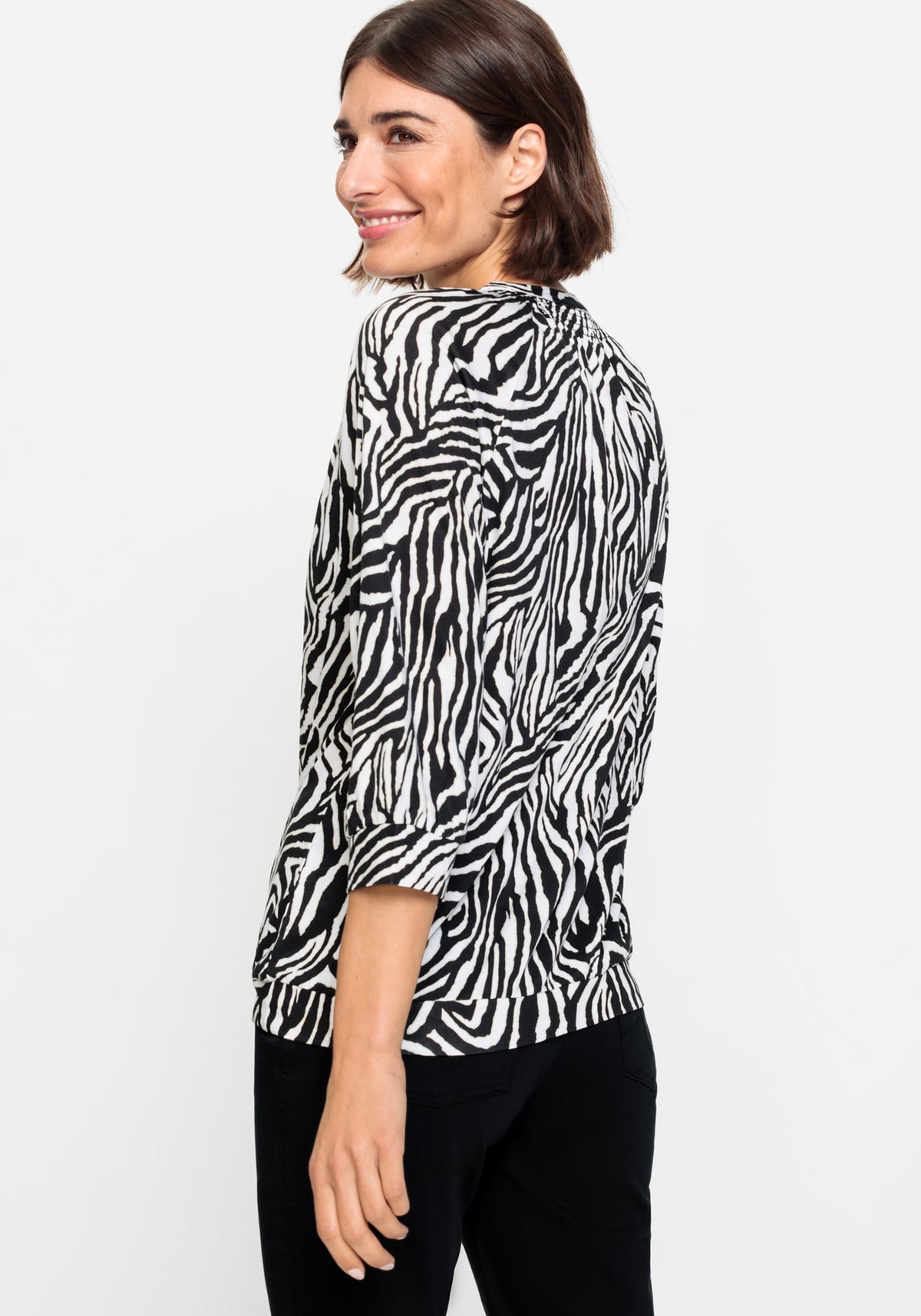 Cotton Blend 3/4 Sleeve Zebra Print Tie-Neck T-Shirt containing TENCEL™ Modal