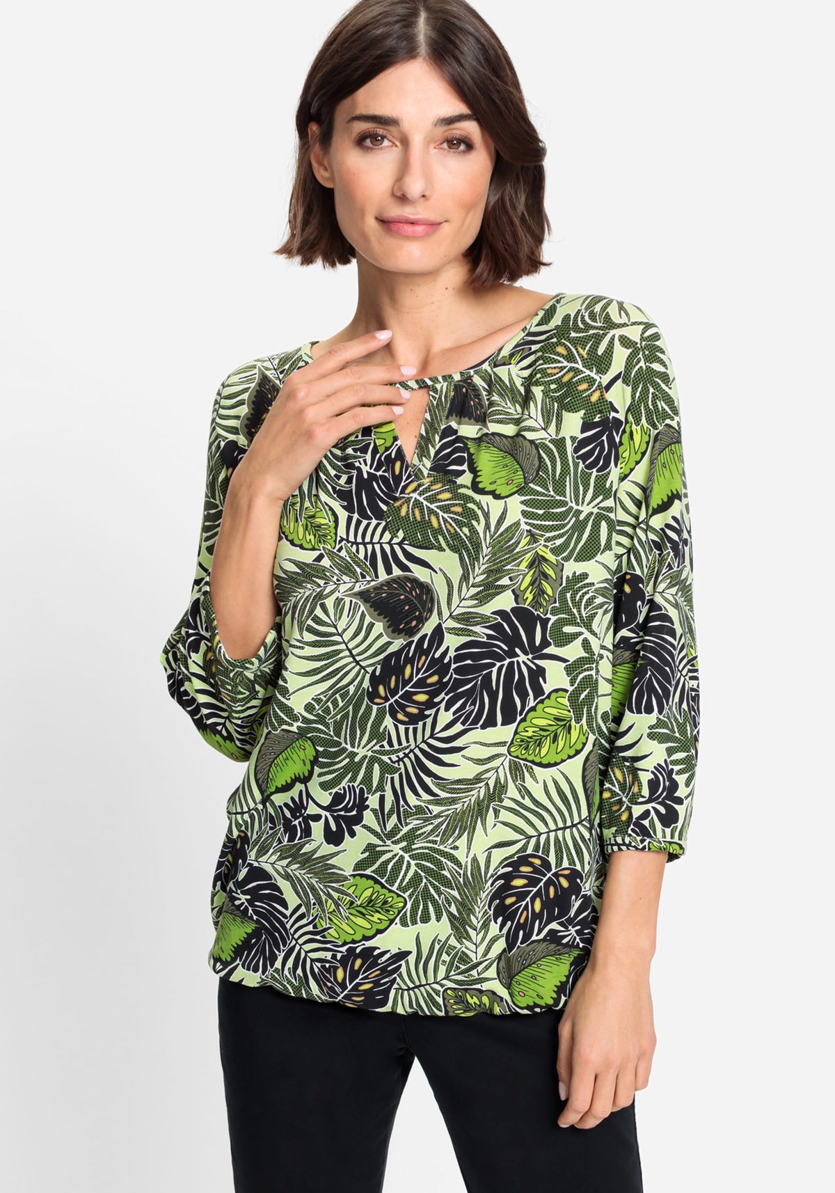 Cotton Blend 3/4 Sleeve Leaf Print T-Shirt containing TENCEL™ Modal