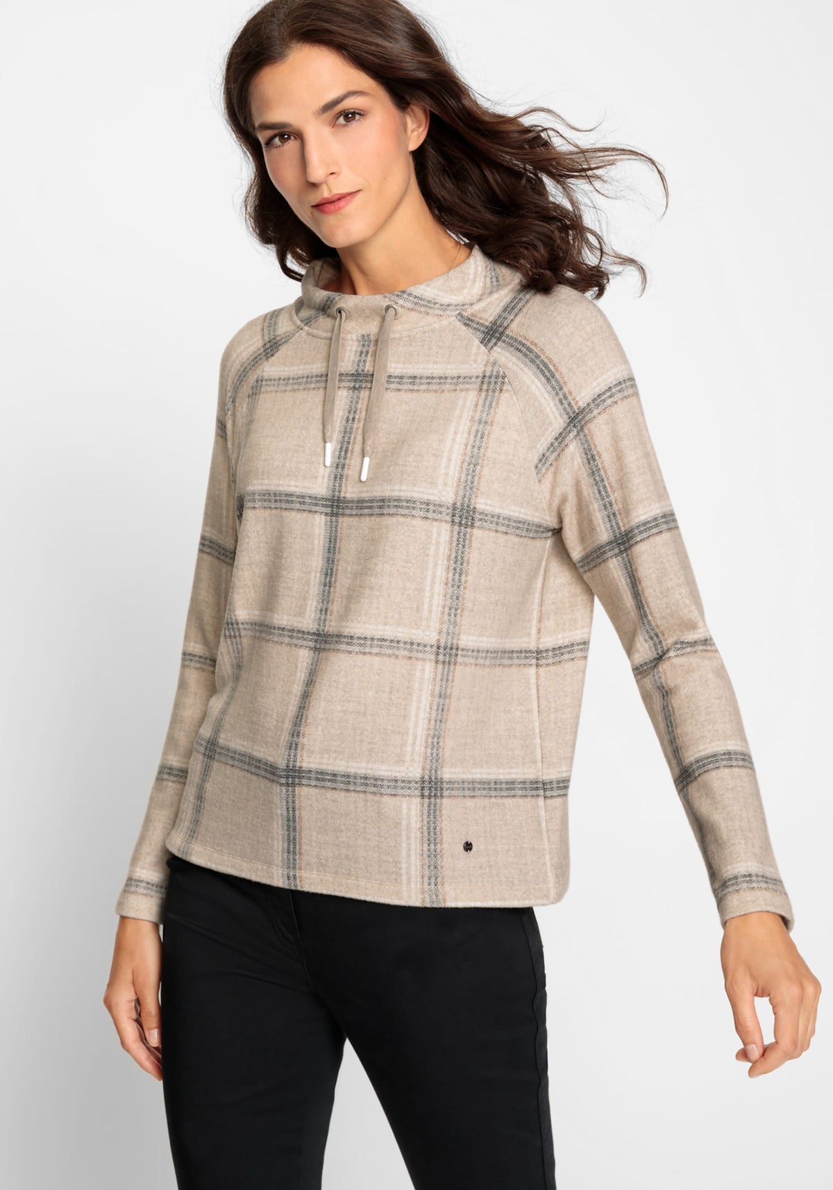 Long Sleeve Plaid Jersey Knit Funnel Neck Top