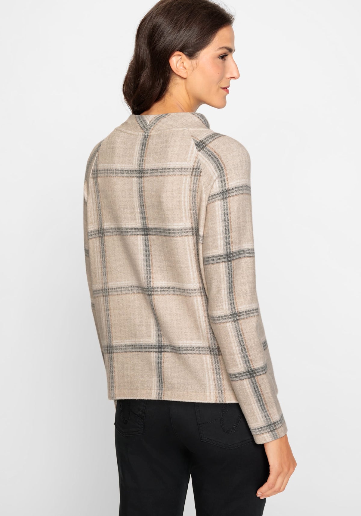 Long Sleeve Plaid Jersey Knit Funnel Neck Top