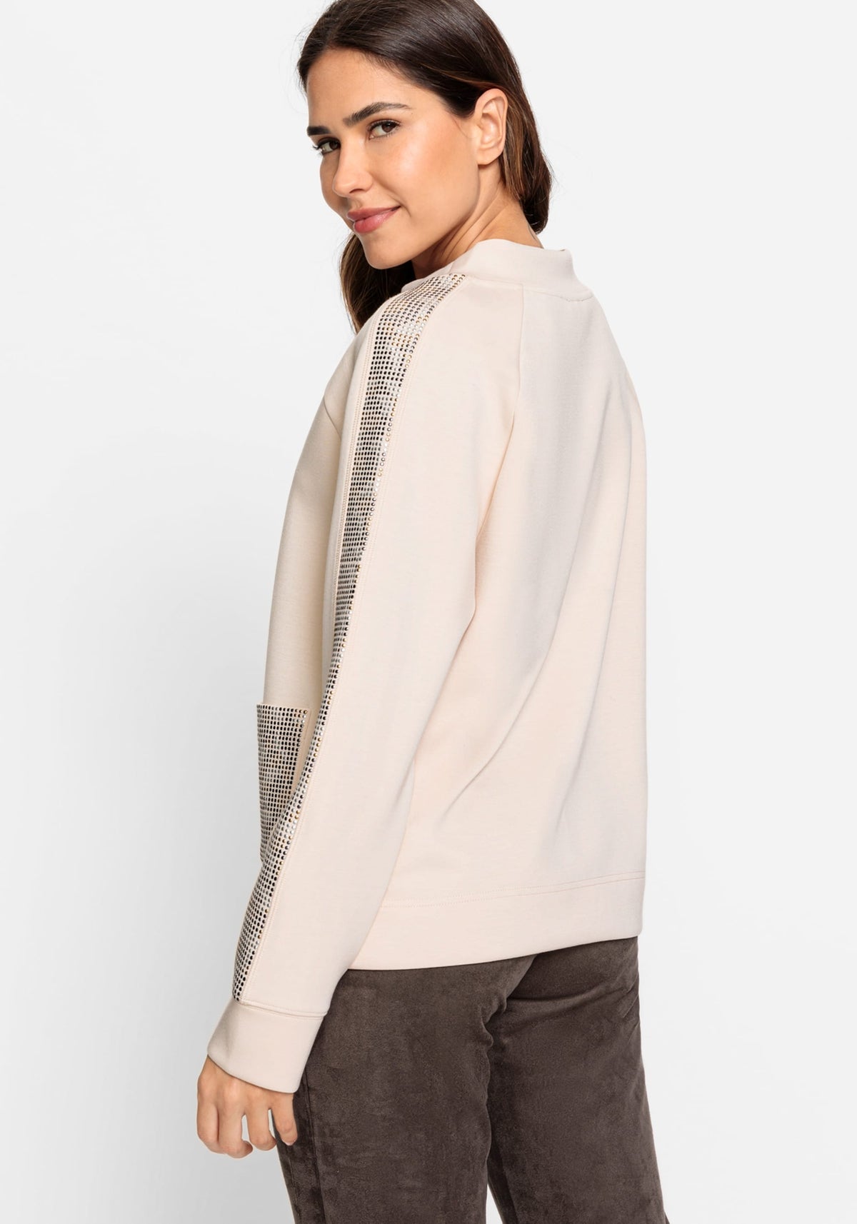 Long Sleeve Studded Funnel Neck Jersey Top