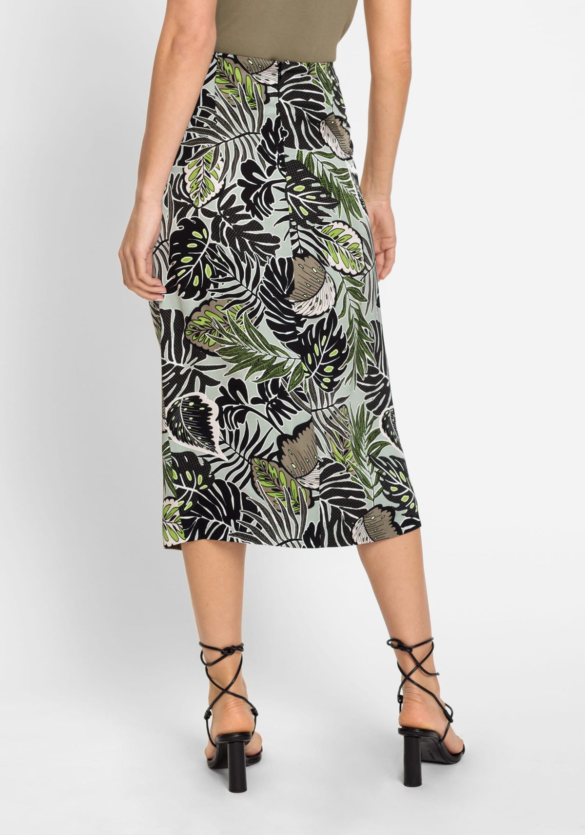 Satin Effect Midi Skirt with Leaf Print