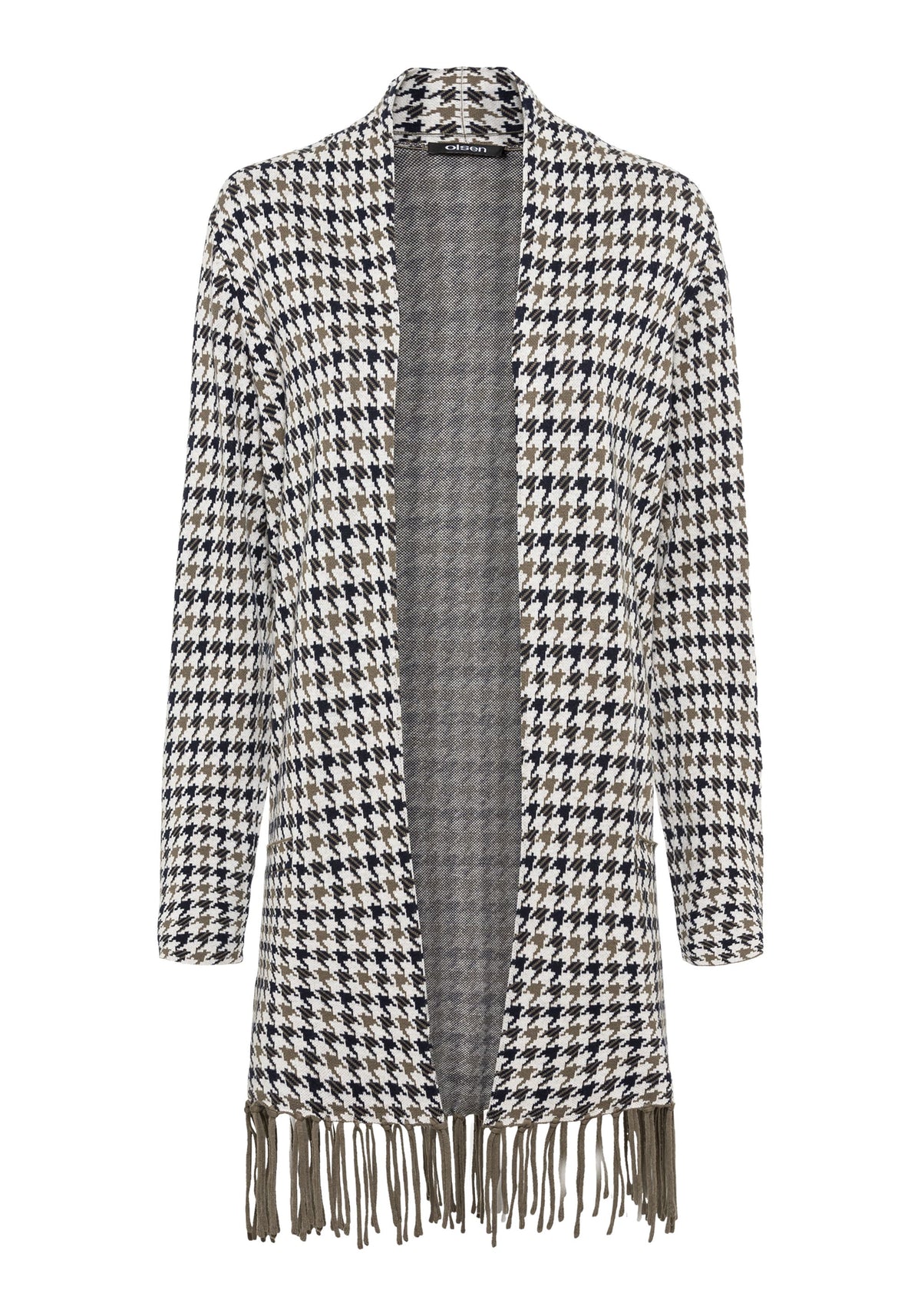 Cotton Blend Long Sleeve Long Line Open Front Houndstooth Cardigan