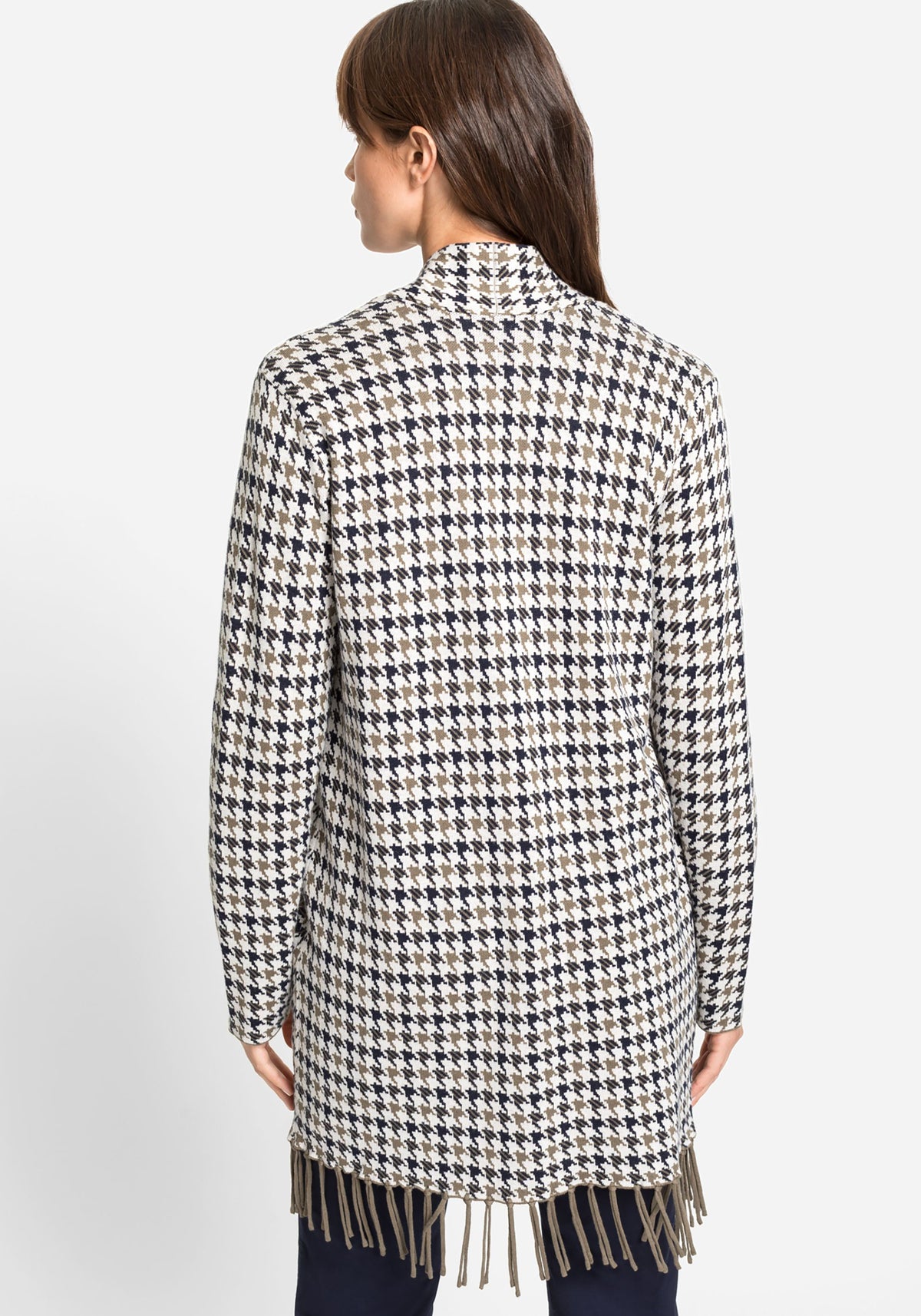 Cotton Blend Long Sleeve Long Line Open Front Houndstooth Cardigan
