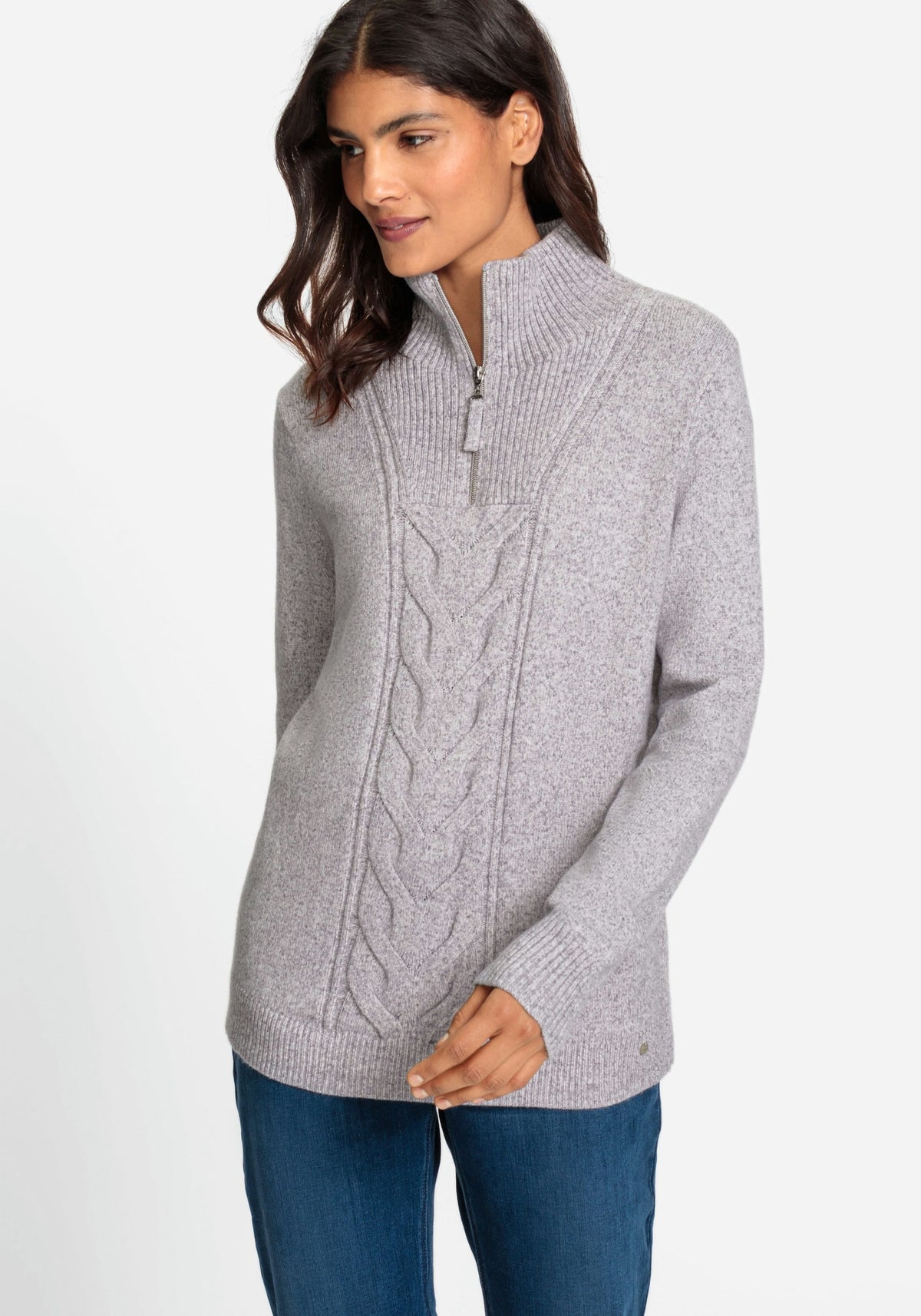 Long Sleeve Cable Front 1/4 Zip Mock Neck Sweater