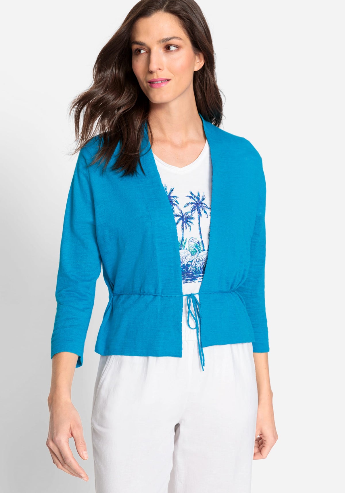 Cotton Blend 3/4 Sleeve Cropped Cardigan with Waist Tie