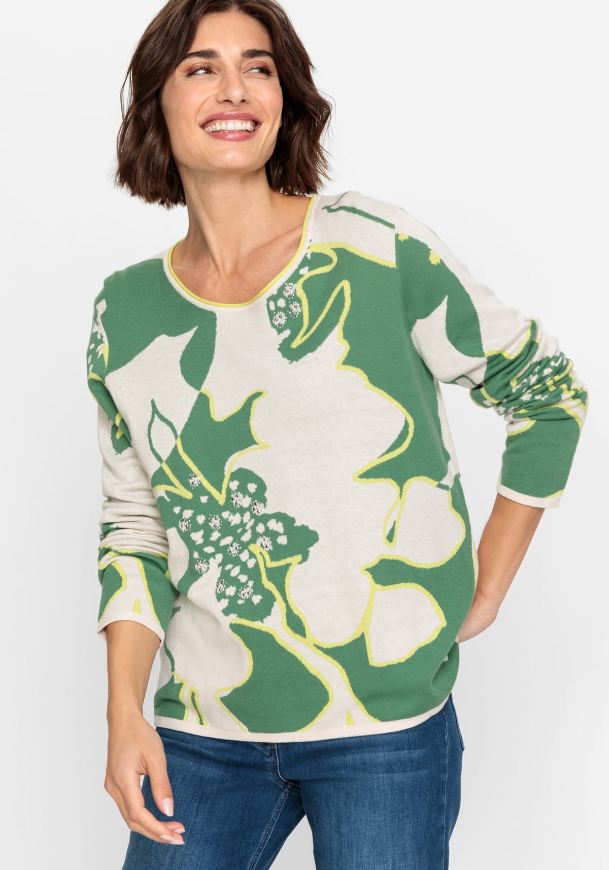 Cotton Blend Long Sleeve Floral Pullover