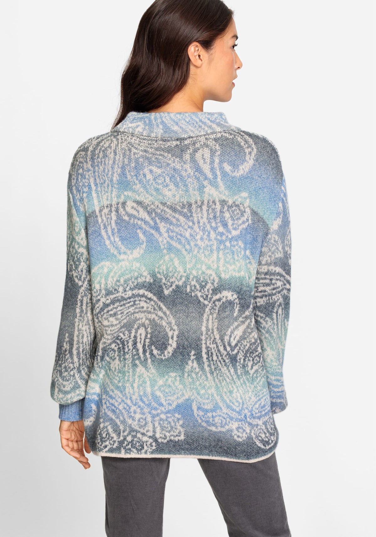 Long Sleeve Cotton Blend Paisley Intarsia Pullover