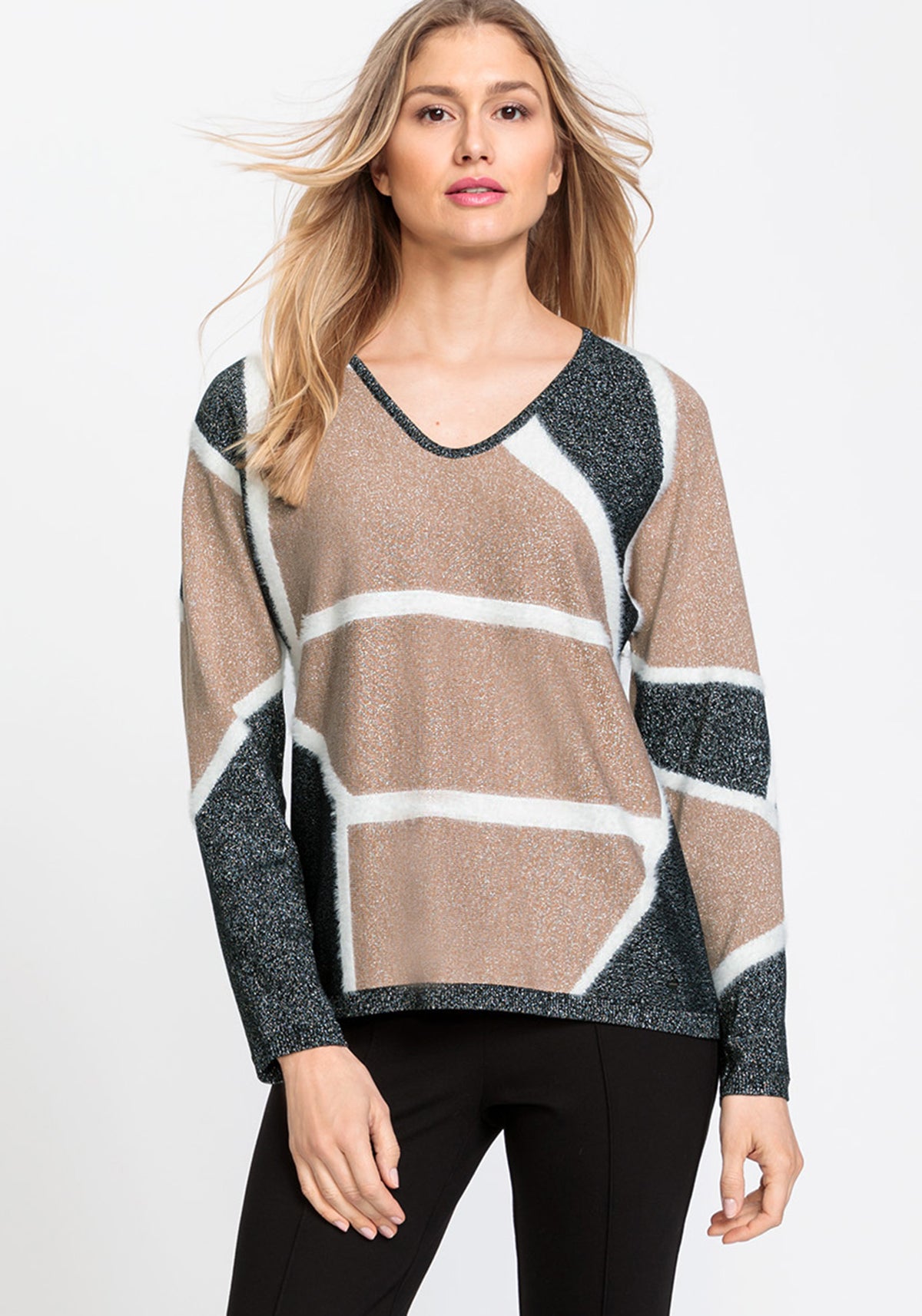 Cotton Blend Long Sleeve Geo Lurex Sweater