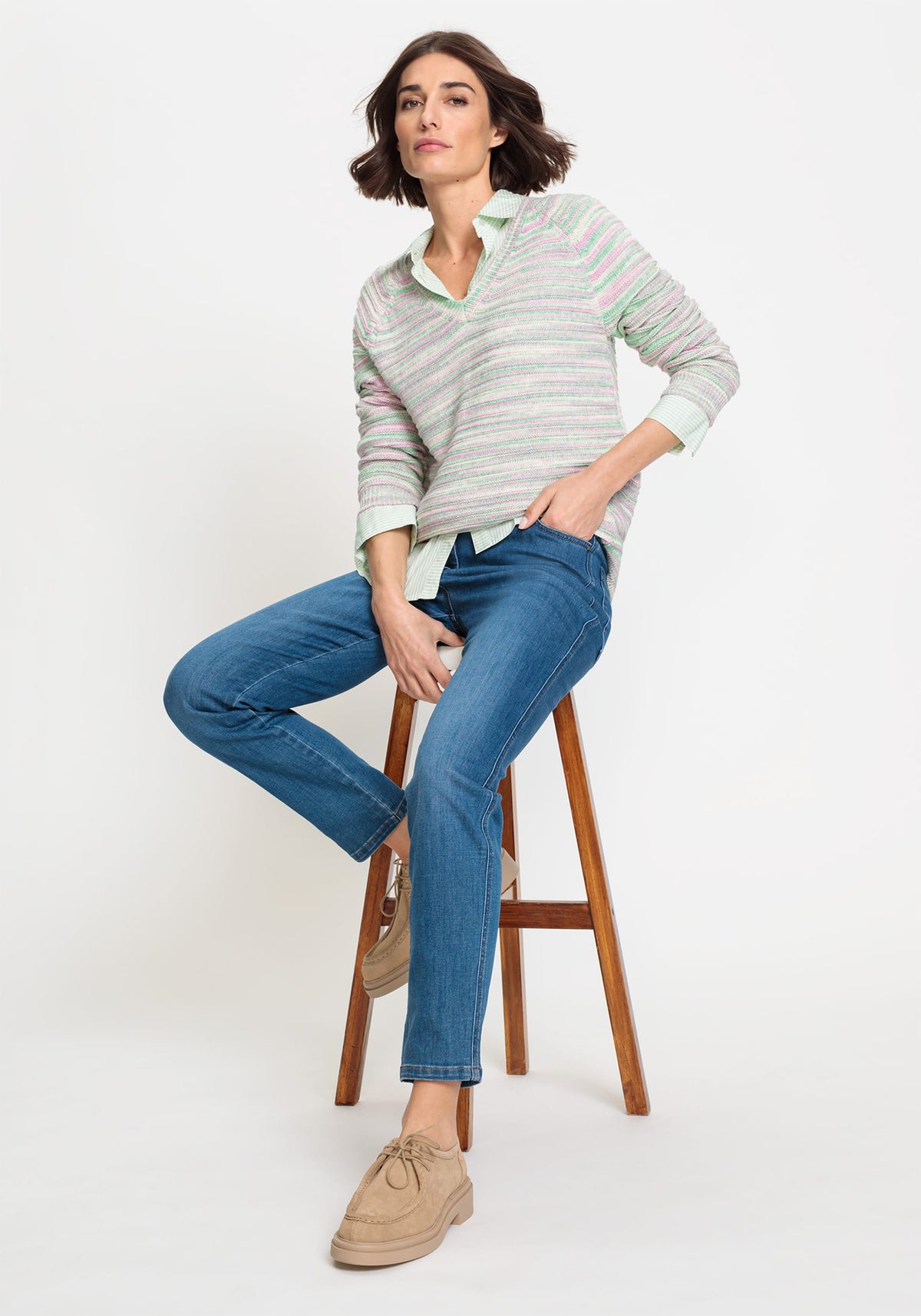 Cotton Blend Long Sleeve Multi-Colour V-Neck Pullover