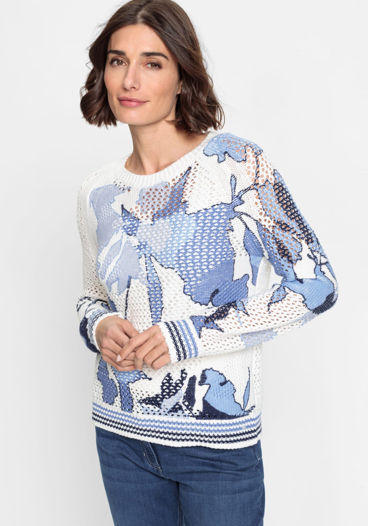 100% Cotton Long Sleeve Open Knit Abstract Print Sweater