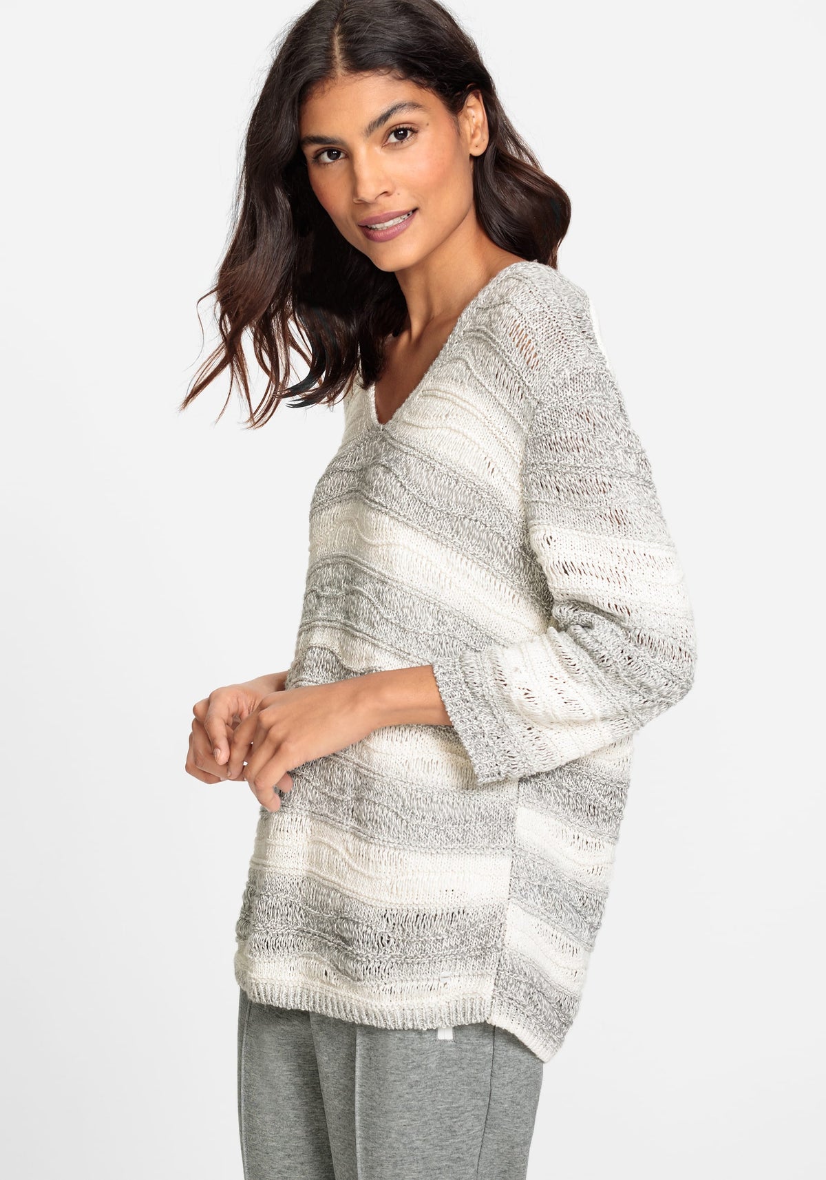 Cotton Blend 3/4 Sleeve Open Knit Pullover