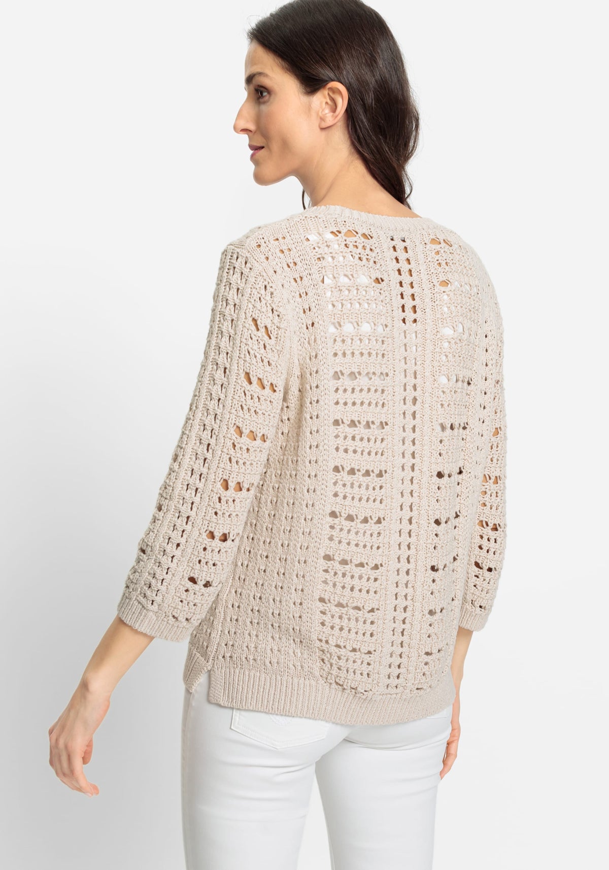 Cotton Blend 3/4 Sleeve Open Knit Pullover