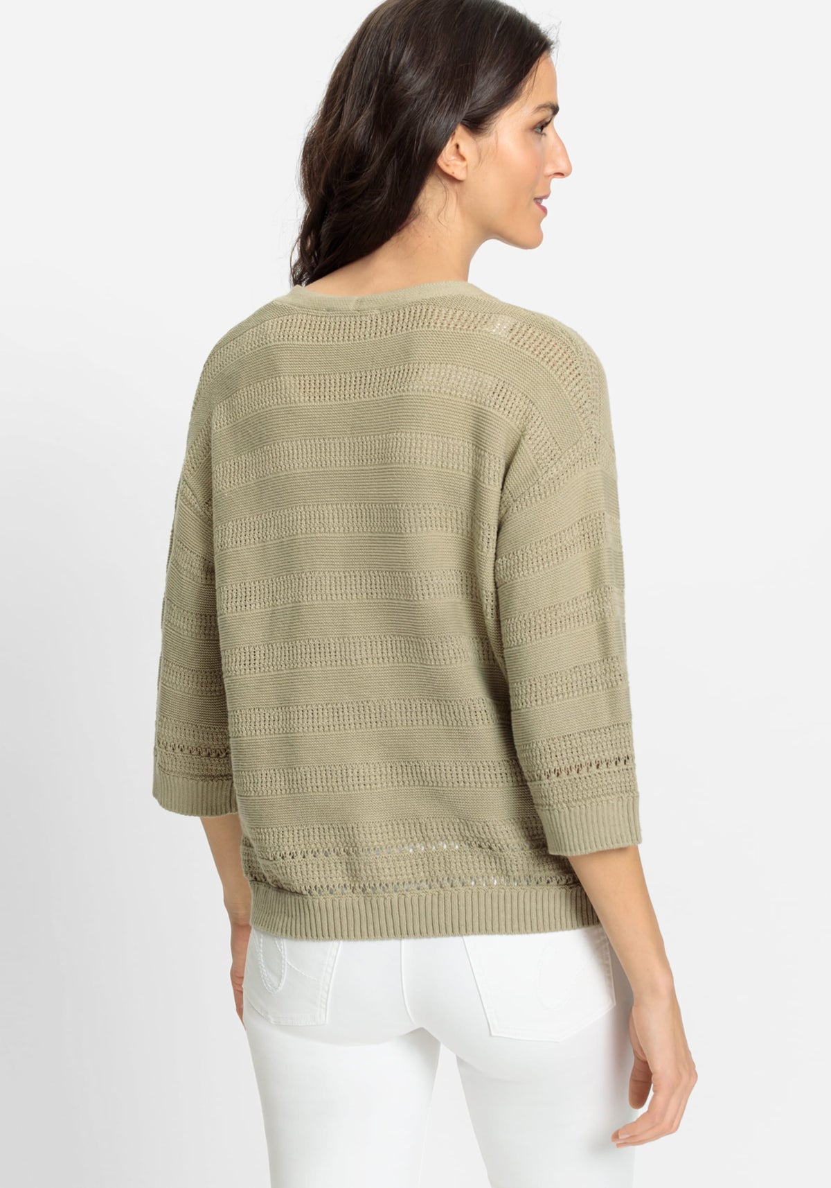 Cotton Linen Blend 3/4 Sleeve Crochet Stripe Cardigan