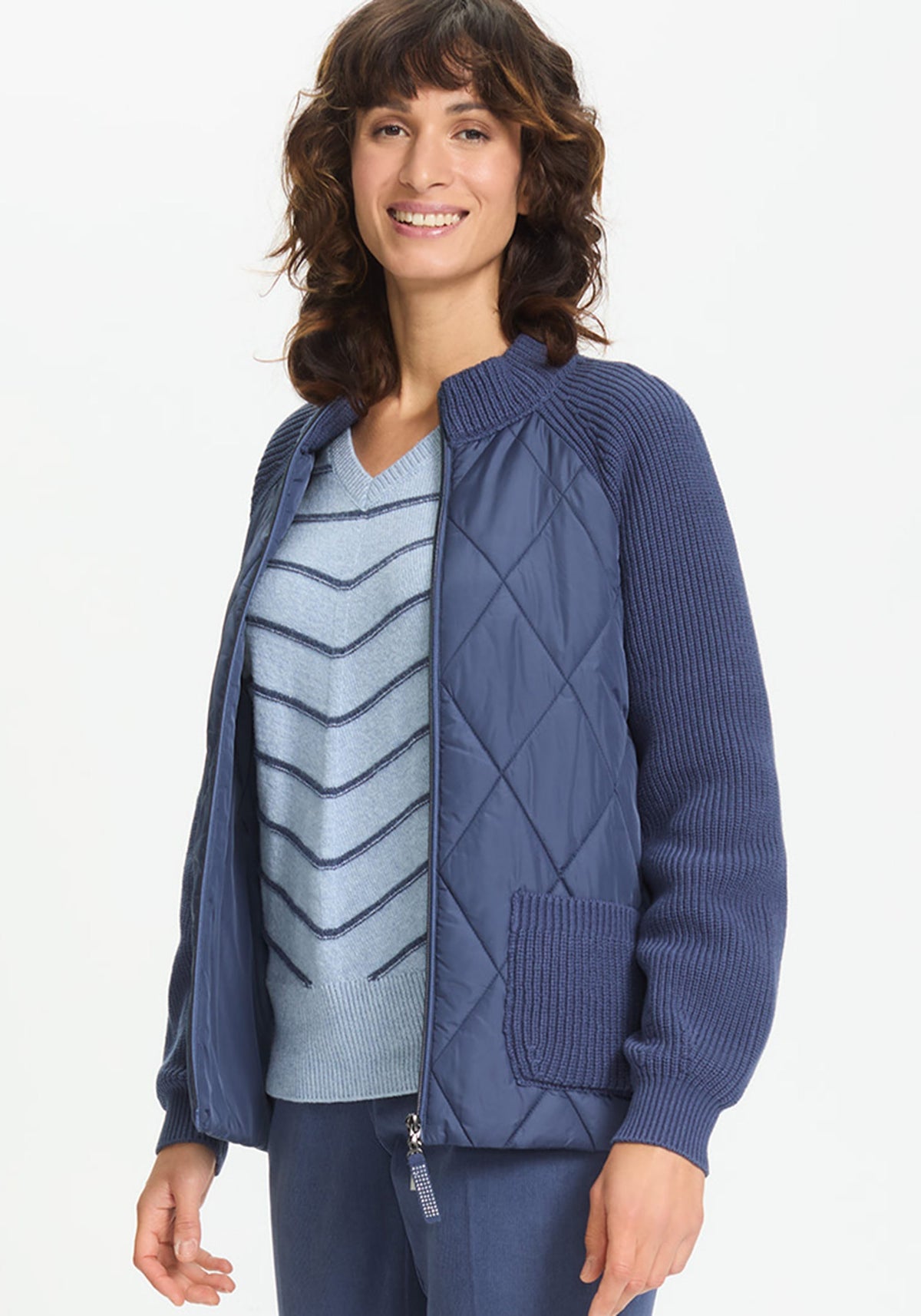 Quilted Mixed Media Zip Front Cardigan