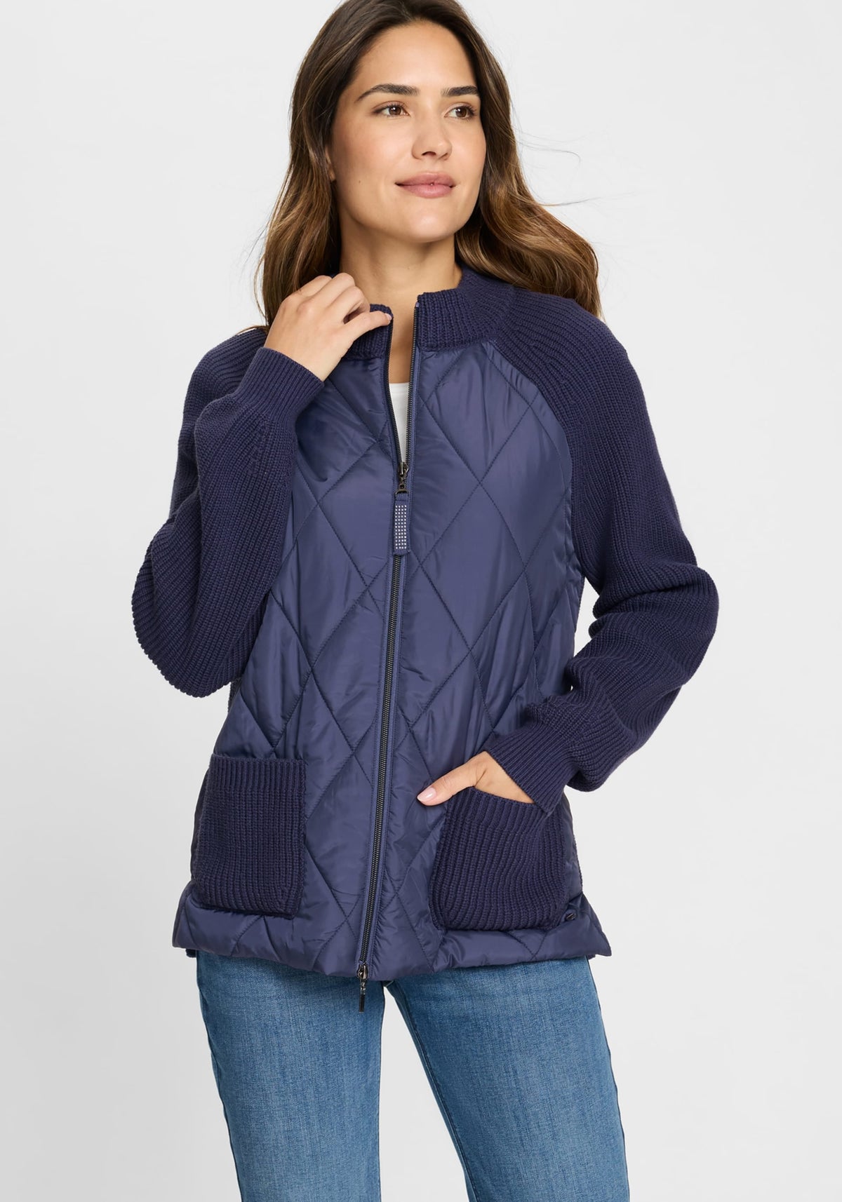 Quilted Mixed Media Zip Front Cardigan