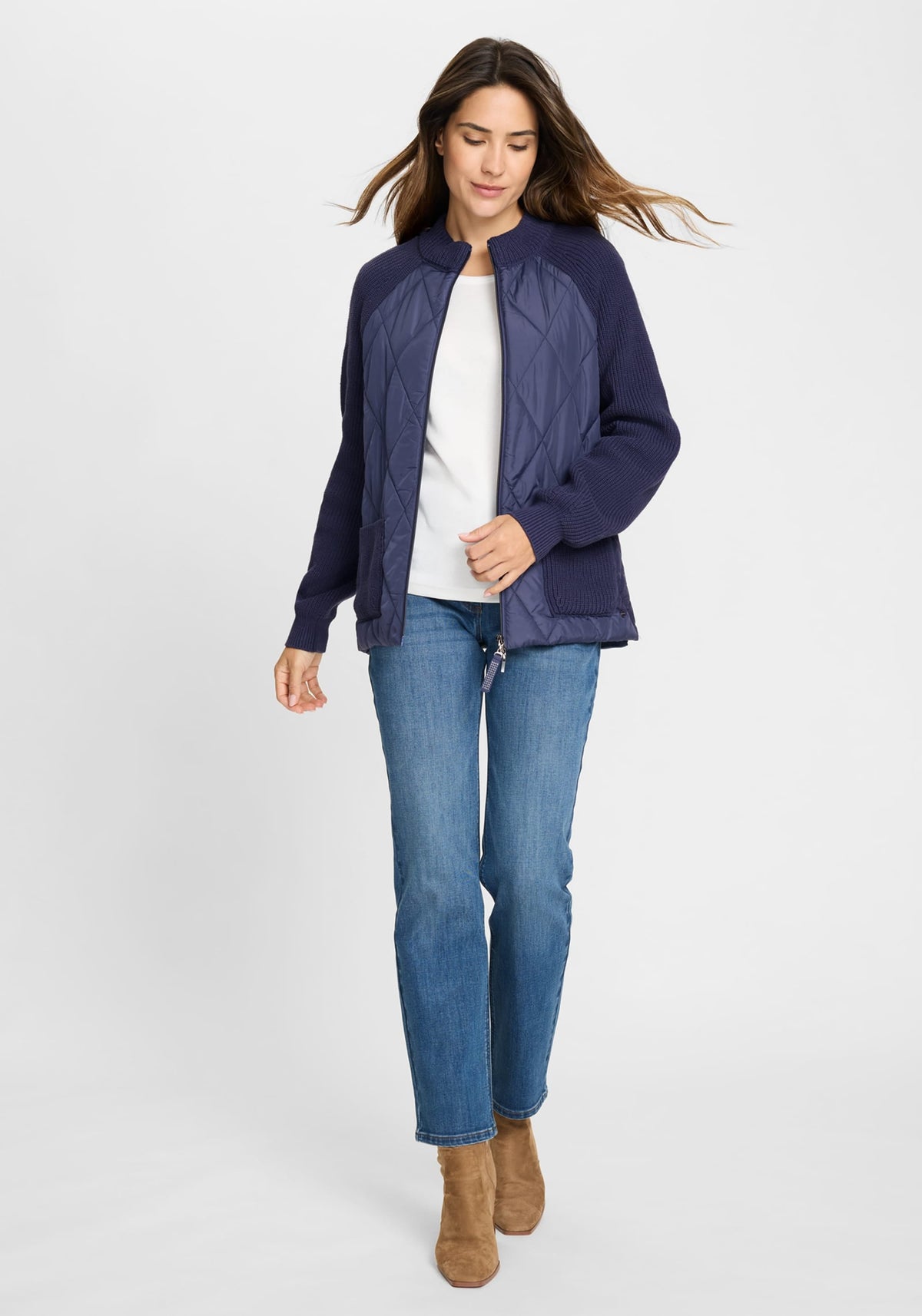 Quilted Mixed Media Zip Front Cardigan