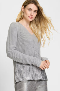 V-Neck Sweater with Silver Foil Embellishment
