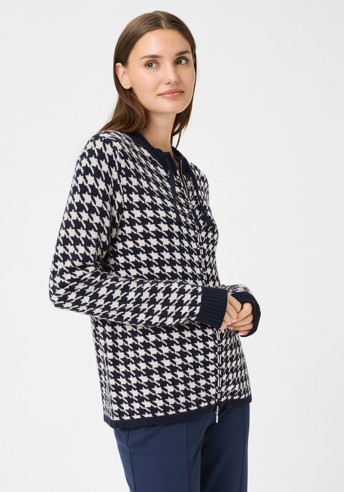 Houndstooth Zip Front Cardigan