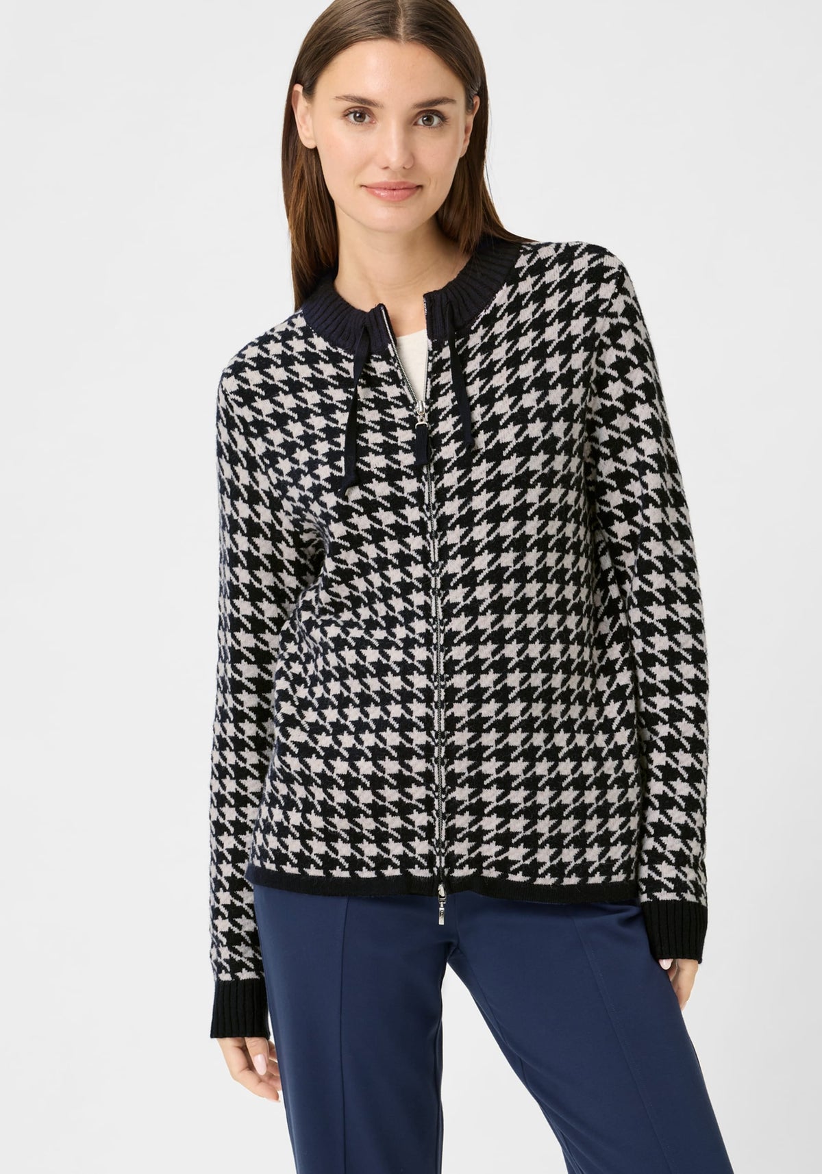 Houndstooth Zip Front Cardigan