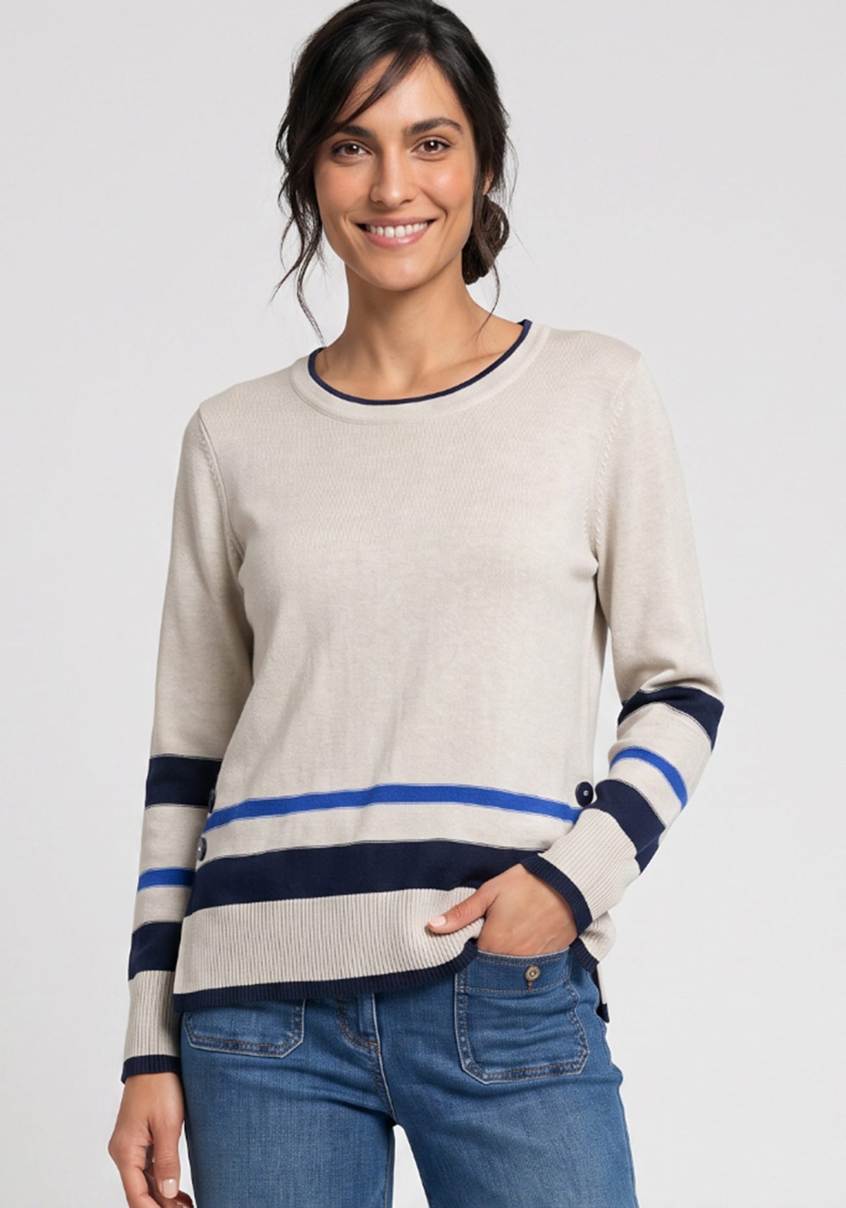 Border Stripe Sweater with Side Button Detail