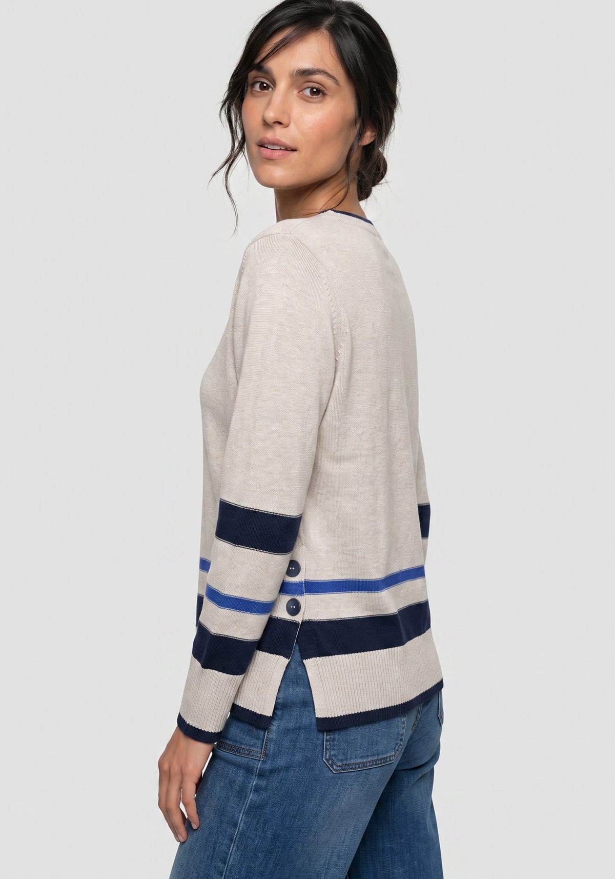 Border Stripe Sweater with Side Button Detail
