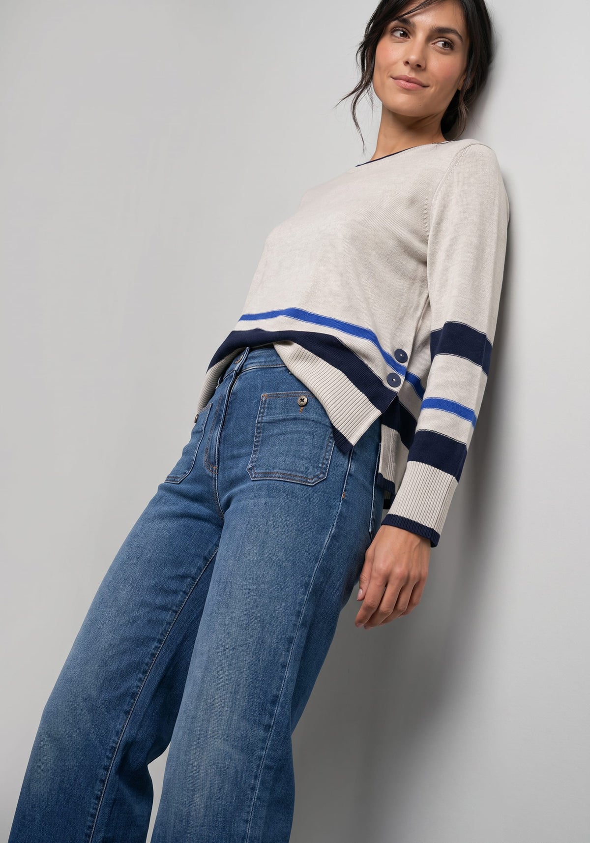 Border Stripe Sweater with Side Button Detail
