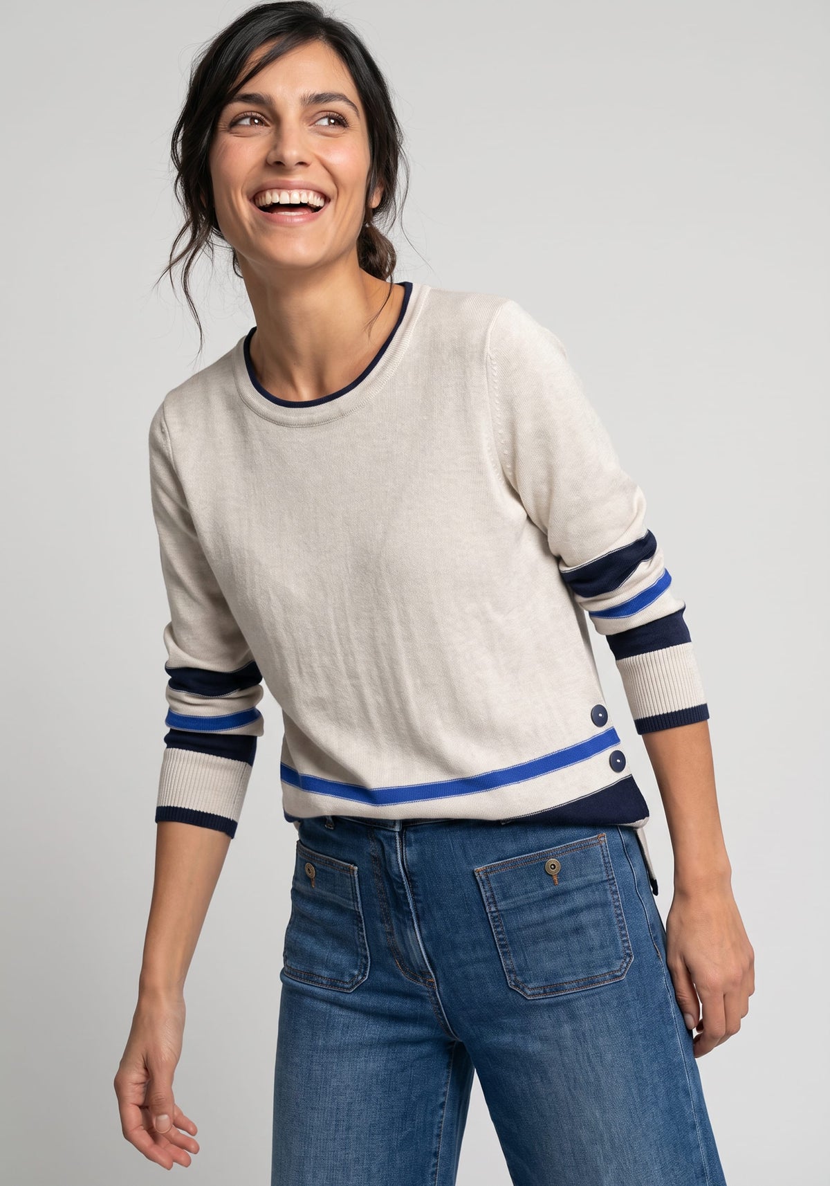 Border Stripe Sweater with Side Button Detail