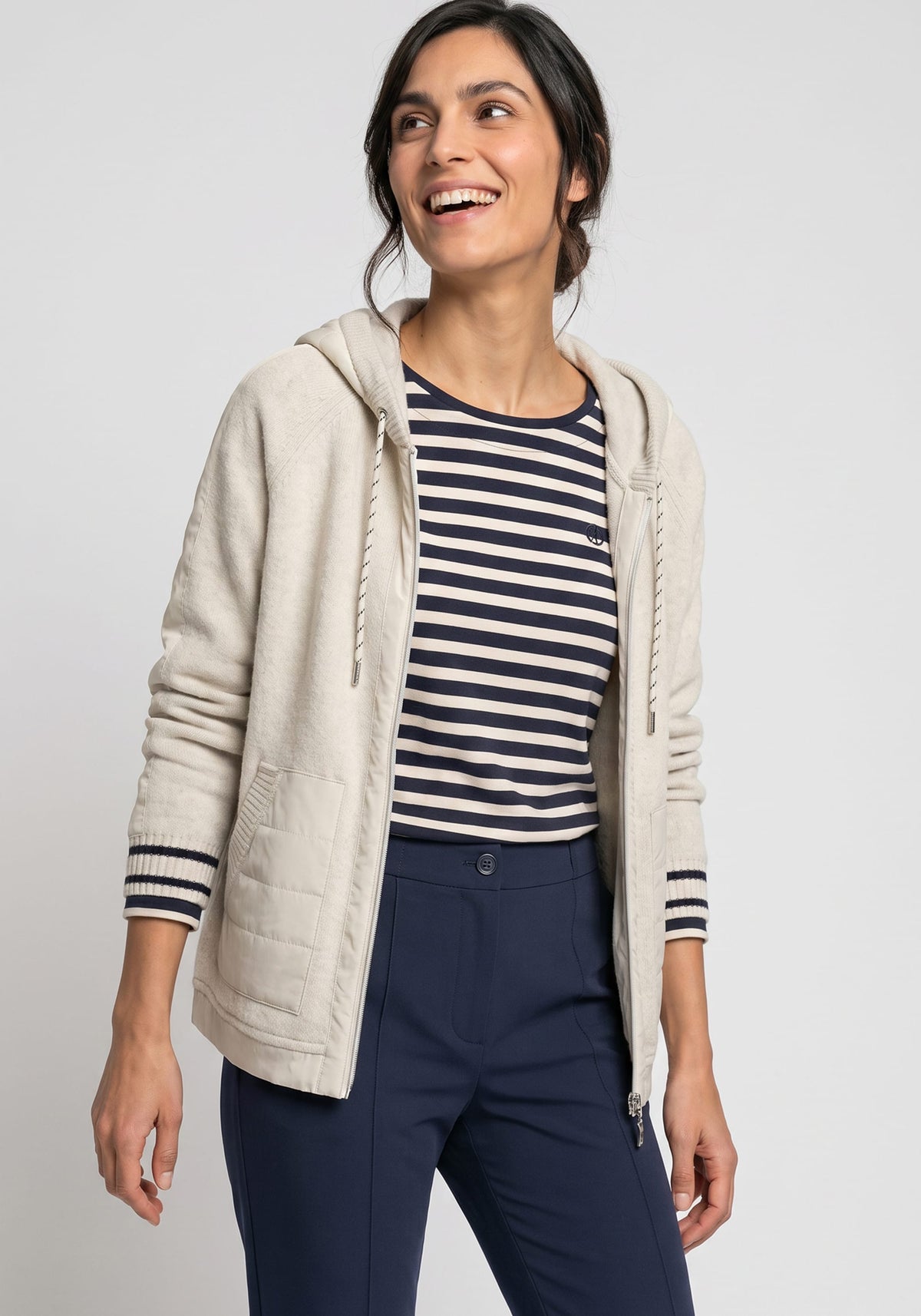 Mixed Media Zip Front Hooded Jacket
