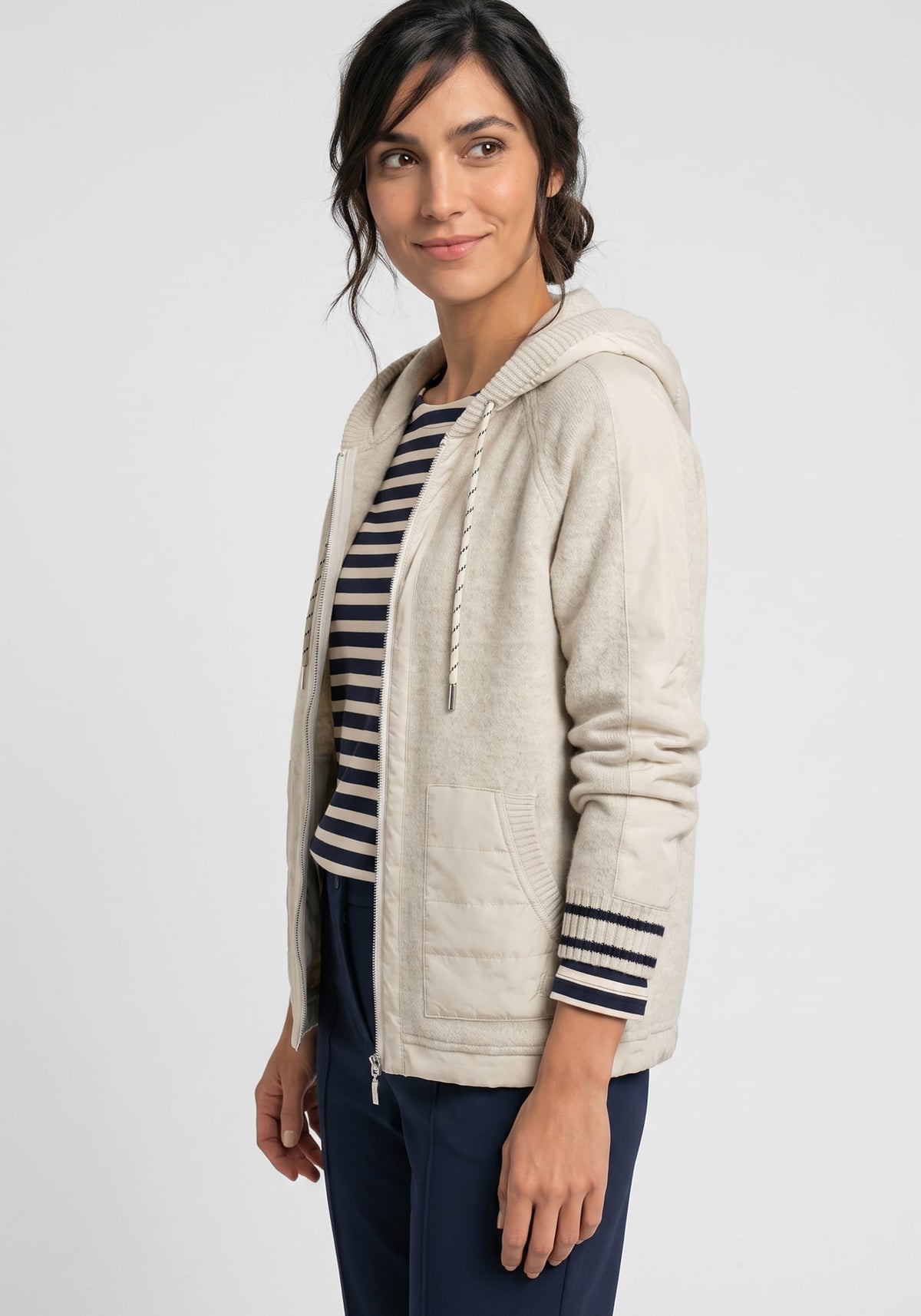 Mixed Media Zip Front Hooded Jacket