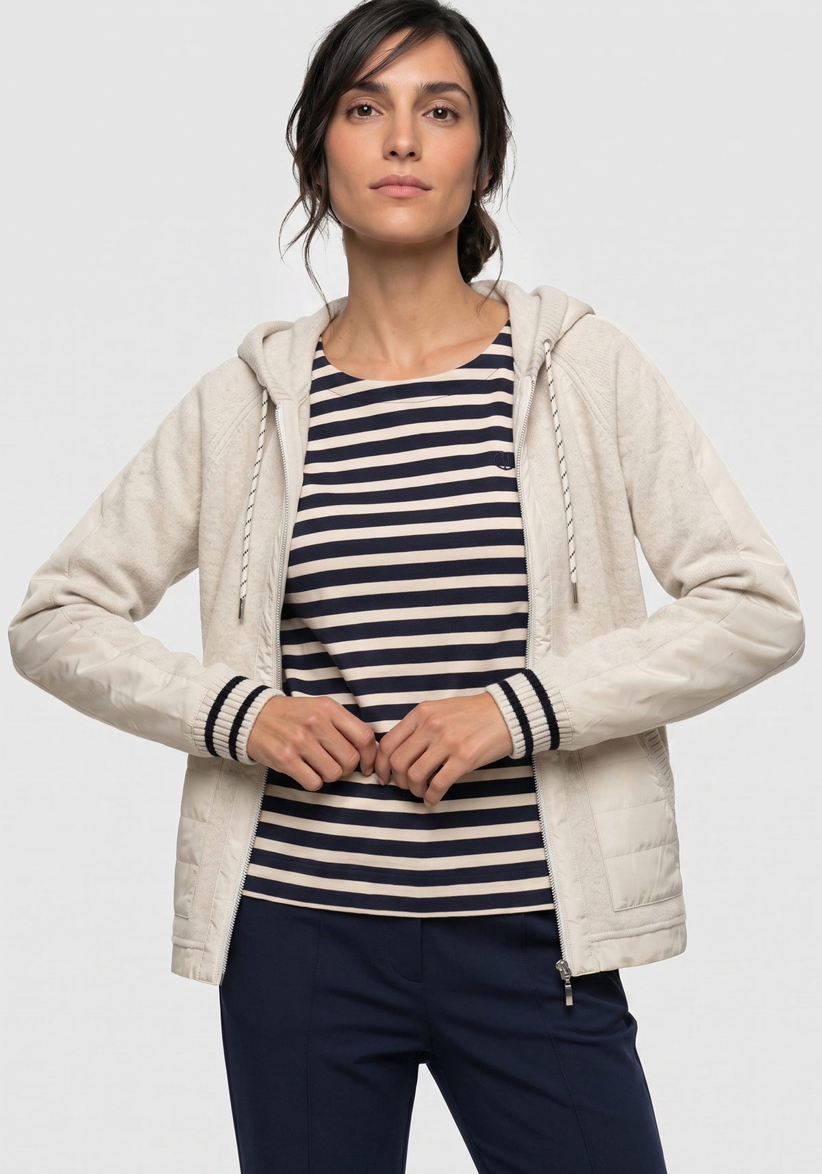 Mixed Media Zip Front Hooded Jacket