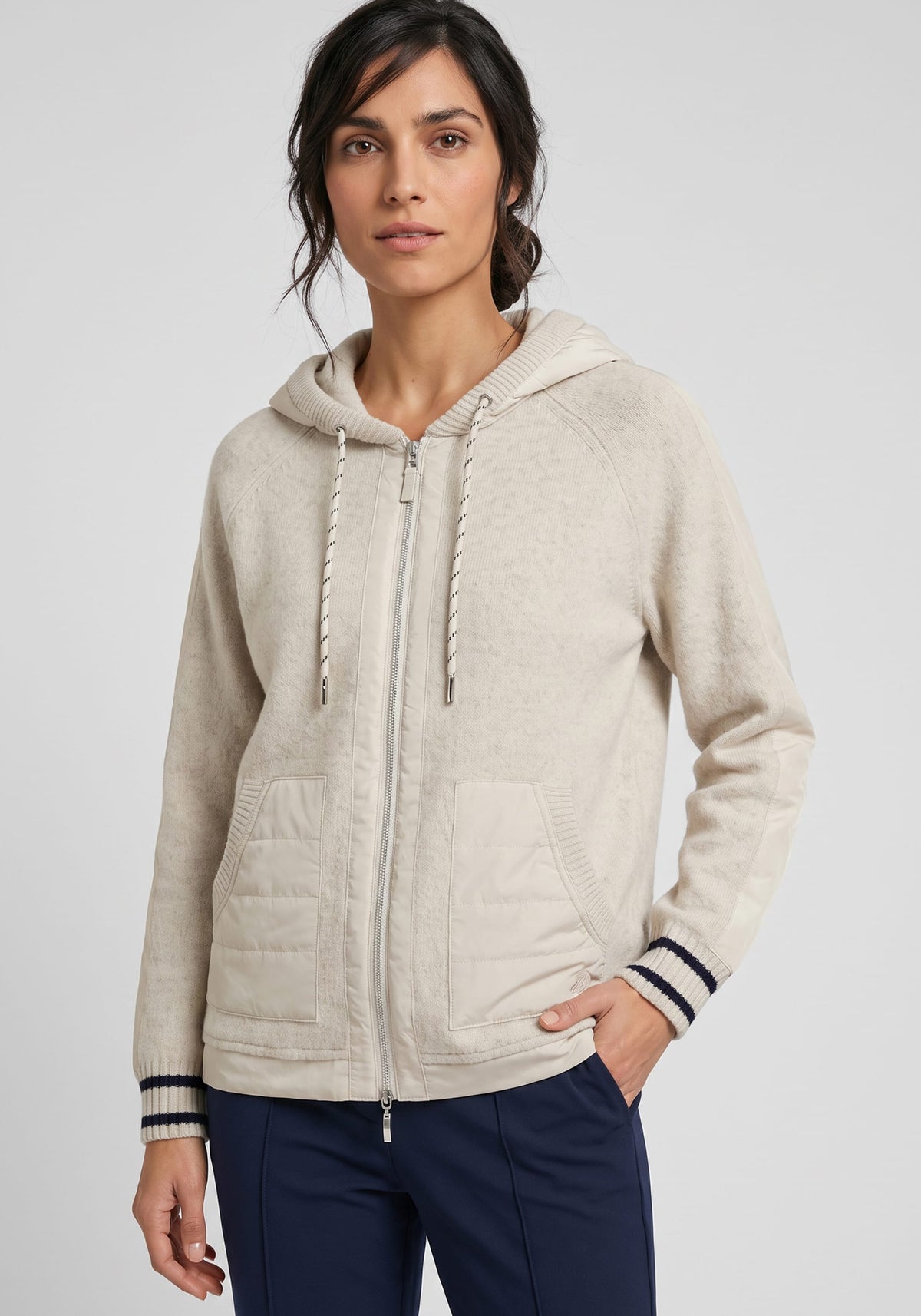 Mixed Media Zip Front Hooded Jacket