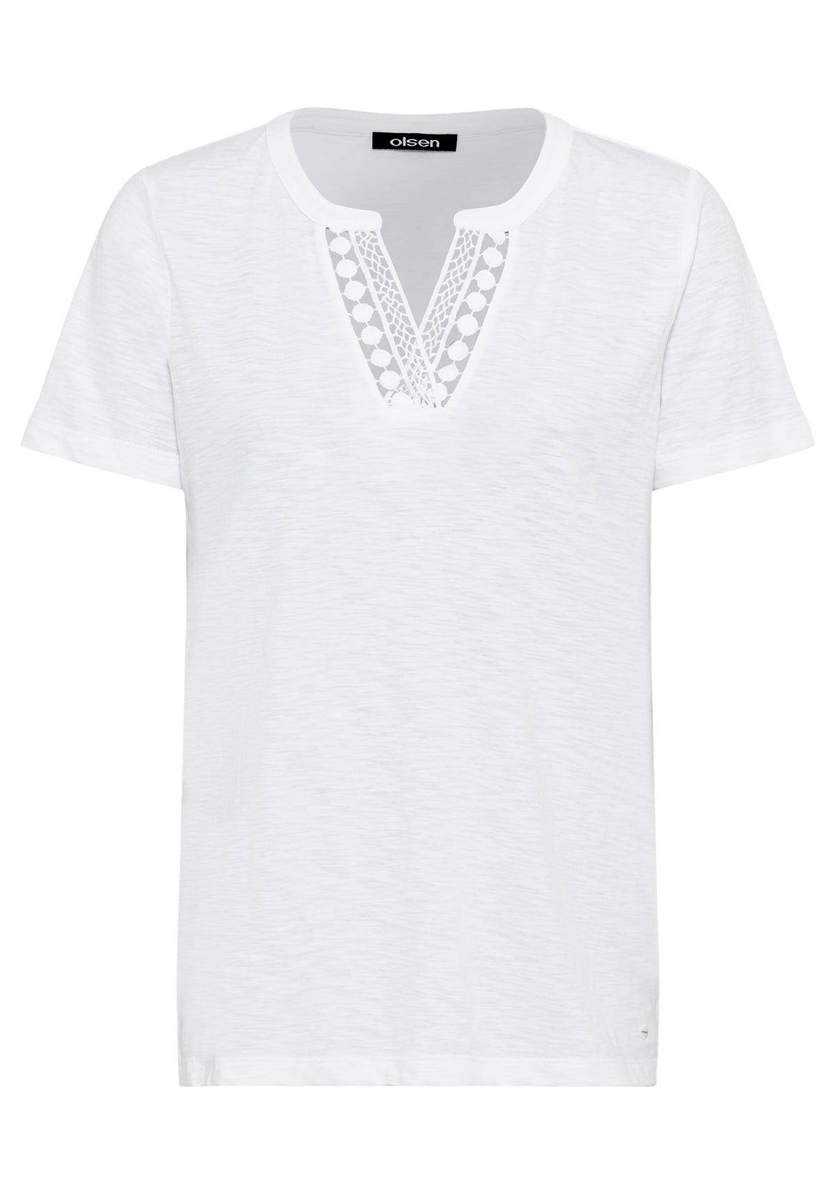 100% Cotton Short Sleeve Split Neck T-Shirt with Embroidered Trim