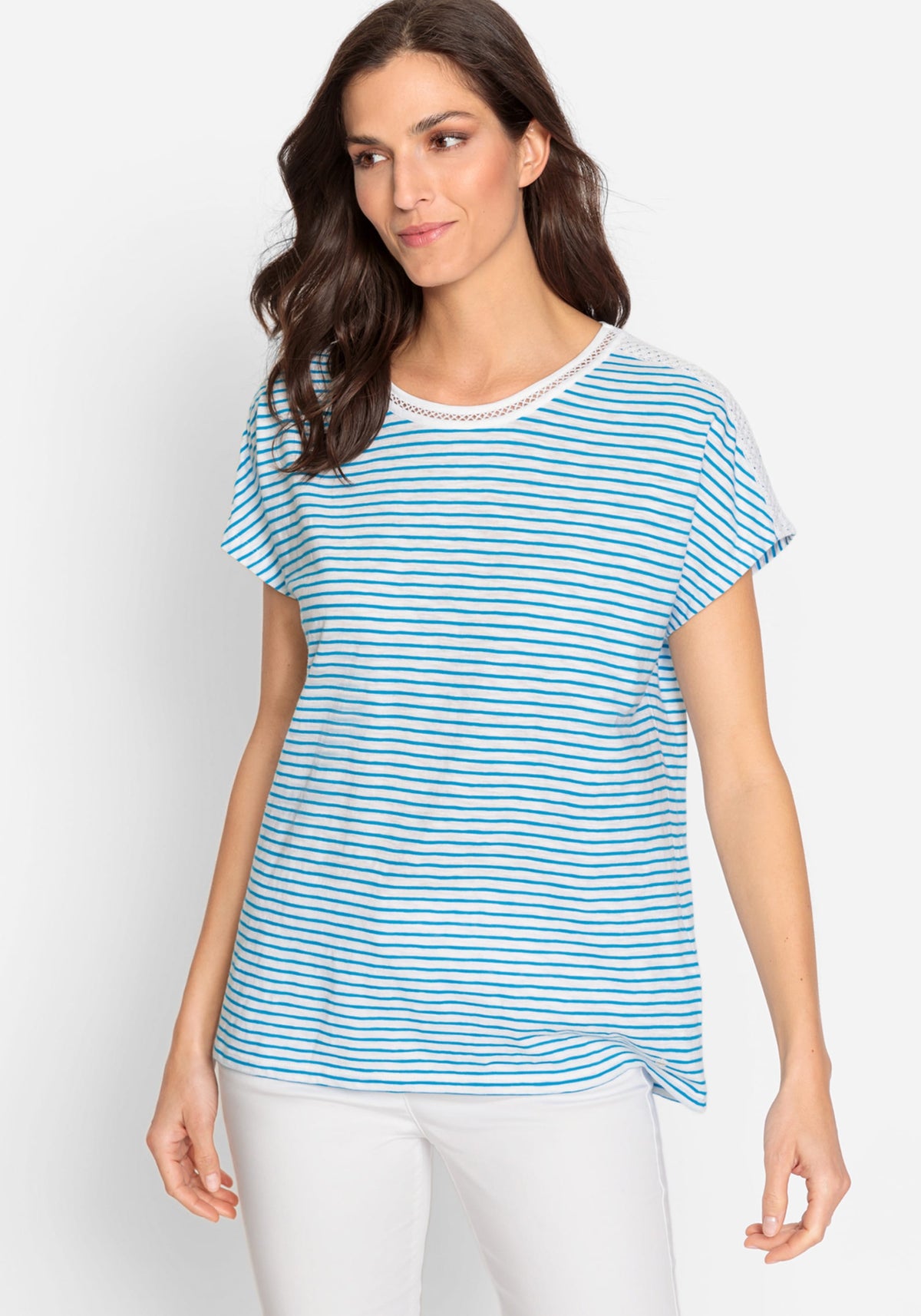 100% Cotton Short Sleeve Striped Tee with Lace Trim