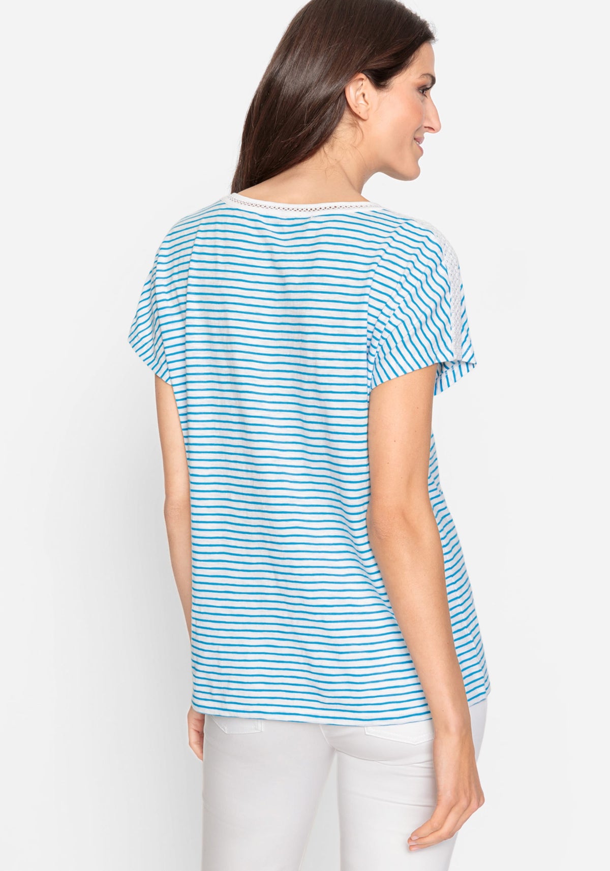 100% Cotton Short Sleeve Striped Tee with Lace Trim