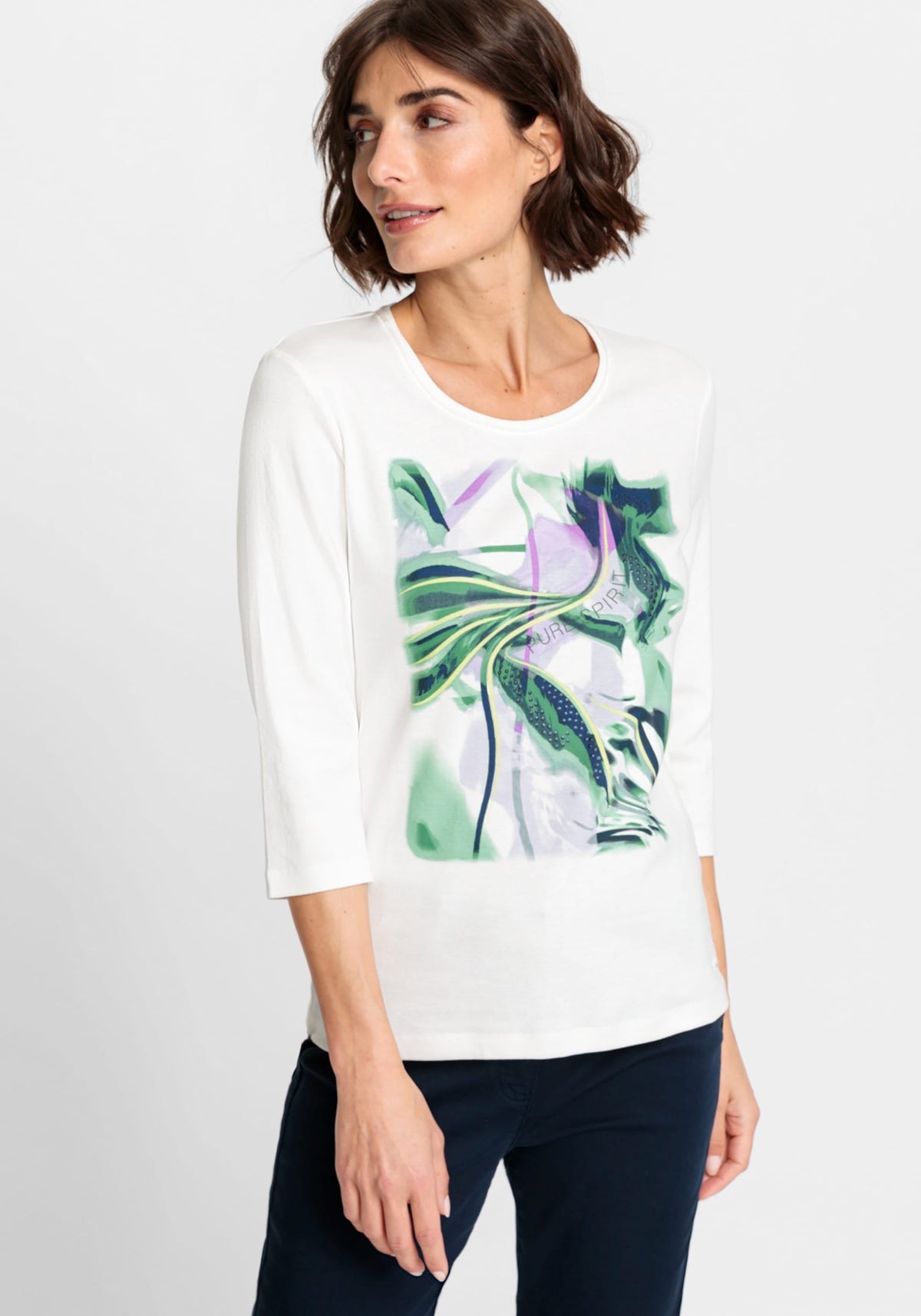 100% Cotton 3/4 Sleeve Abstract Floral Placement Print Tee