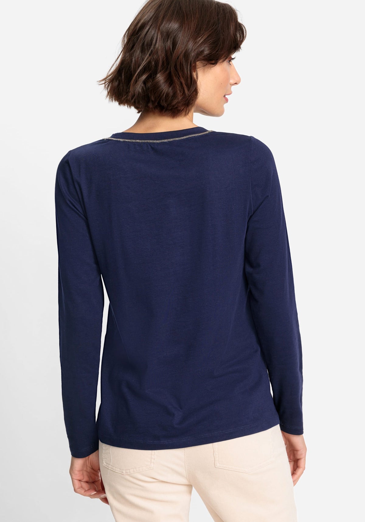 Cotton Blend Long Sleeve Embellished Neck T-Shirt