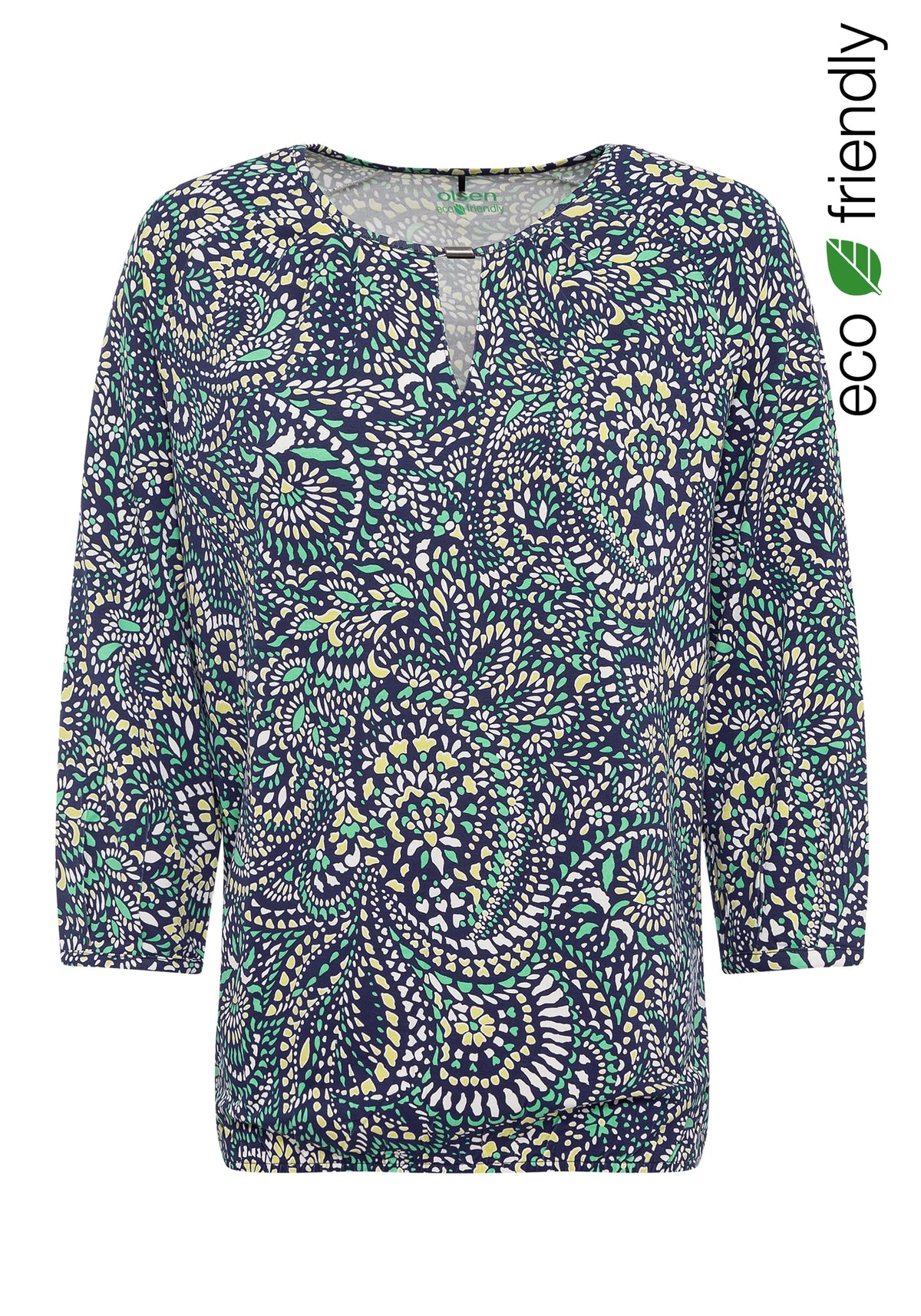 3/4 Sleeve Allover Print T-Shirt with Keyhole Neckline containing LENZING™ ECOVERO™ Viscose