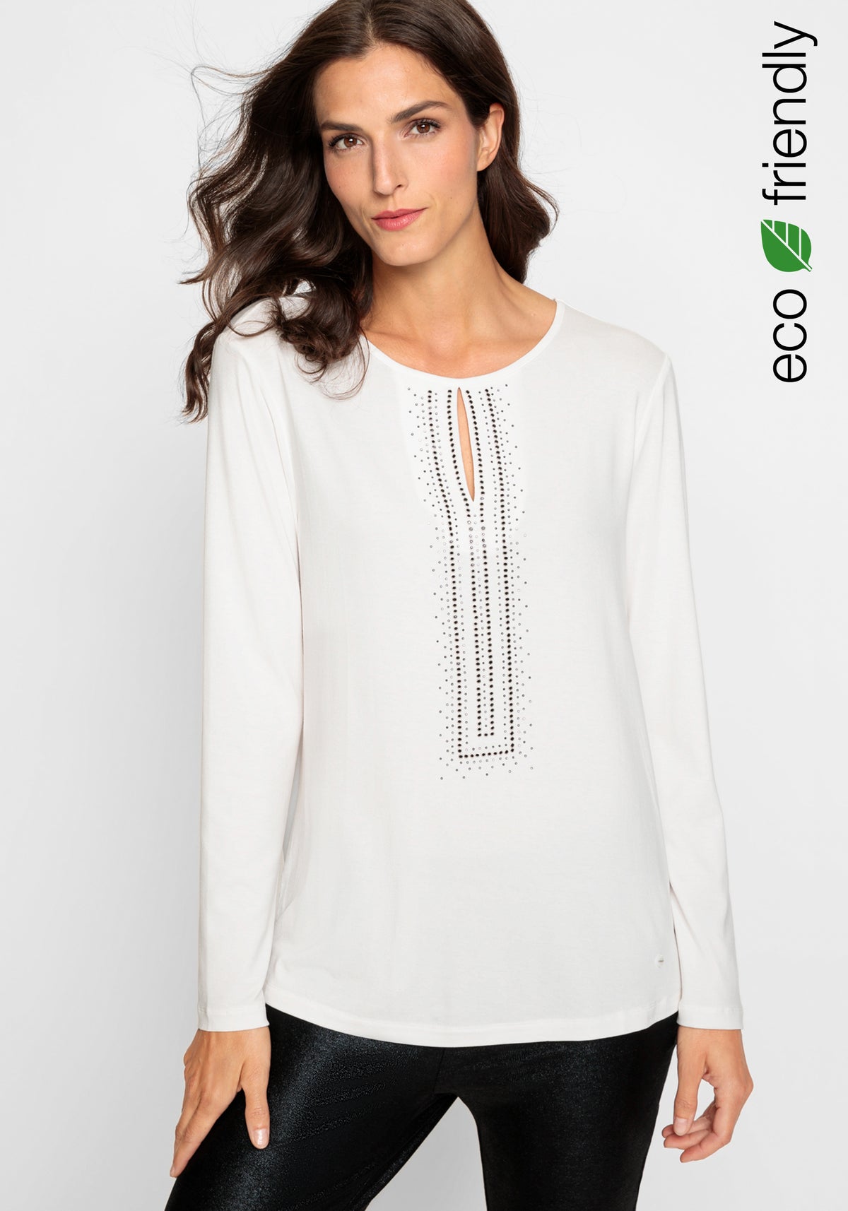 Long Sleeve Keyhole Neckline Embellished T-Shirt containing LENZING™ ECOVERO™ Viscose