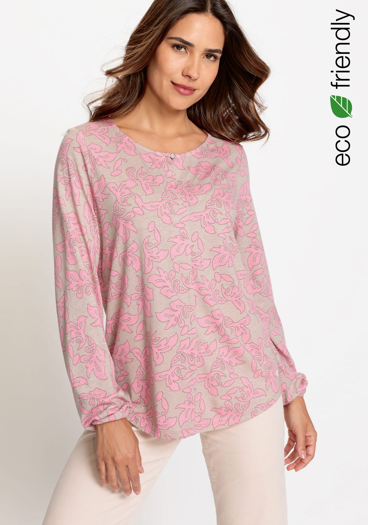 Cotton Blend Long Sleeve Allover Print Keyhole Neckline T-Shirt containing TENCEL™ Modal