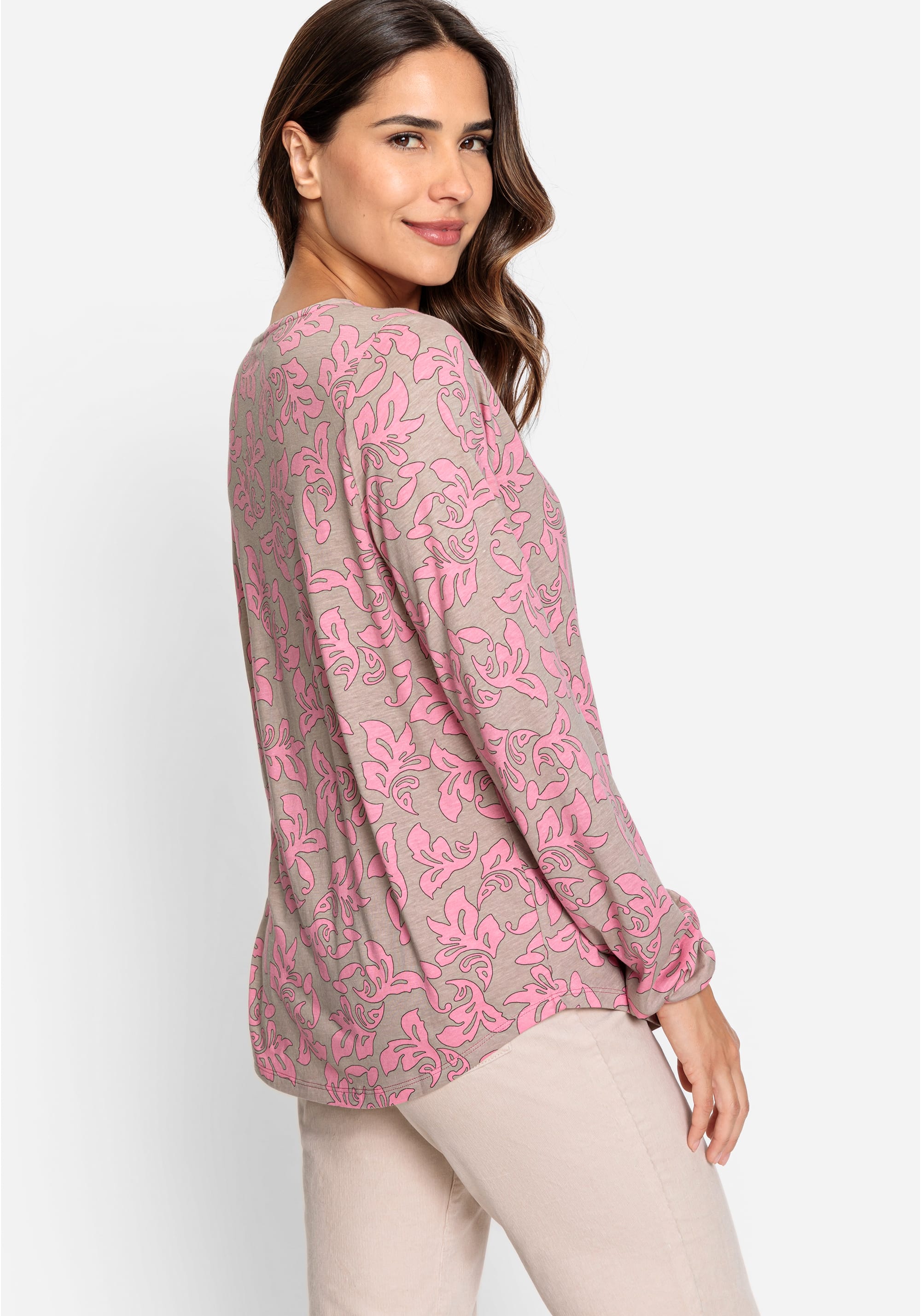 Cotton Blend Long Sleeve Allover Print Keyhole Neckline T-Shirt contai -  Olsen Fashion Canada