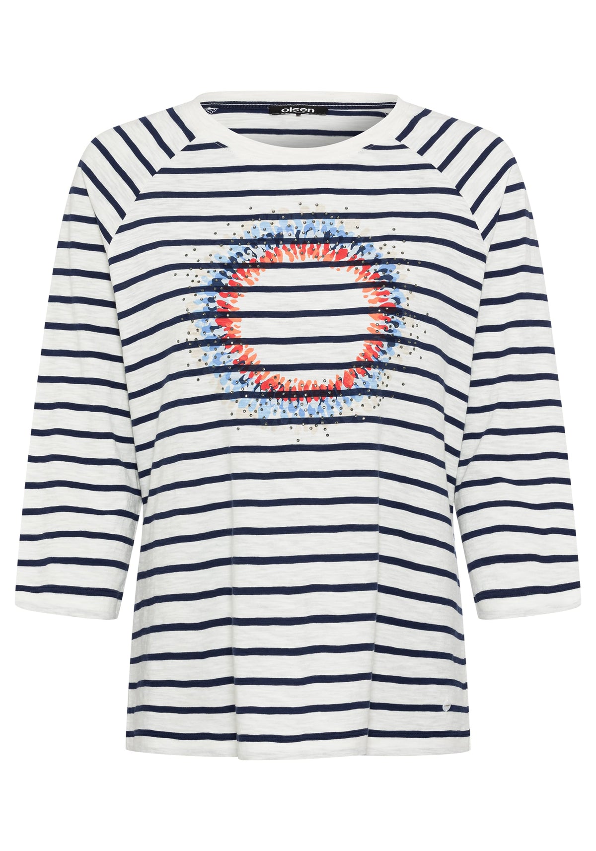 100% Cotton 3/4 Sleeve Striped and Embellished Placement Print T-Shirt