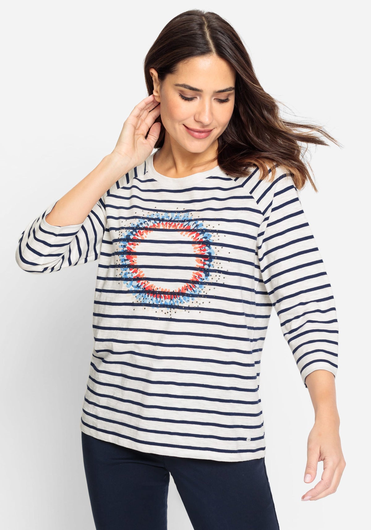 100% Cotton 3/4 Sleeve Striped and Embellished Placement Print T-Shirt