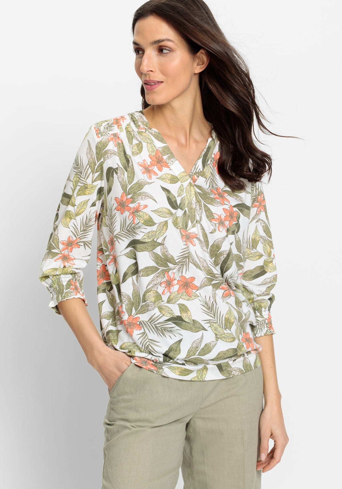 Cotton Blend 3/4 Sleeve Tropic Jungle Print T-Shirt containing TENCEL™ Modal