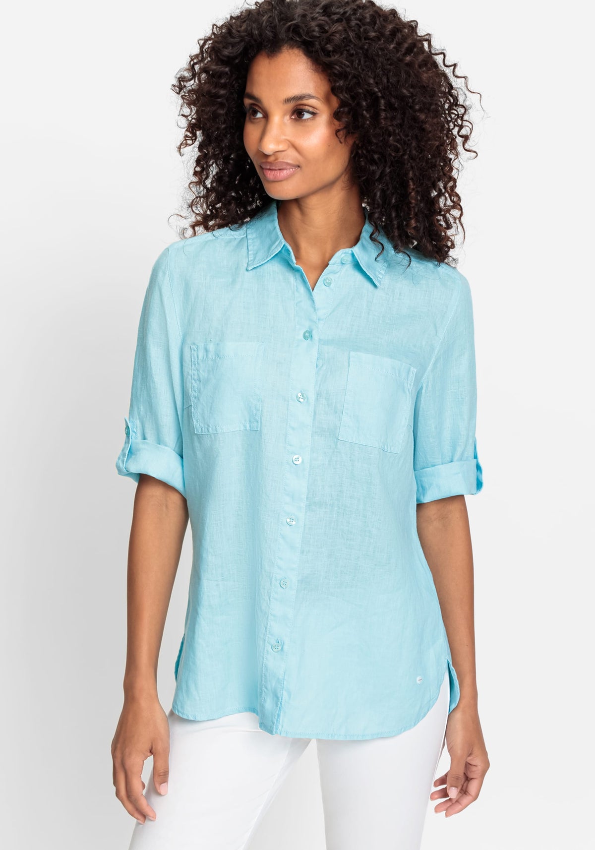 Cotton Linen Shirt with Rolled Sleeve Tab Detail