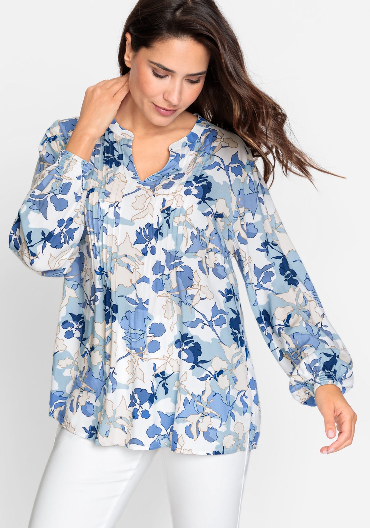 Long Sleeve Abstract Floral Print Tunic Blouse