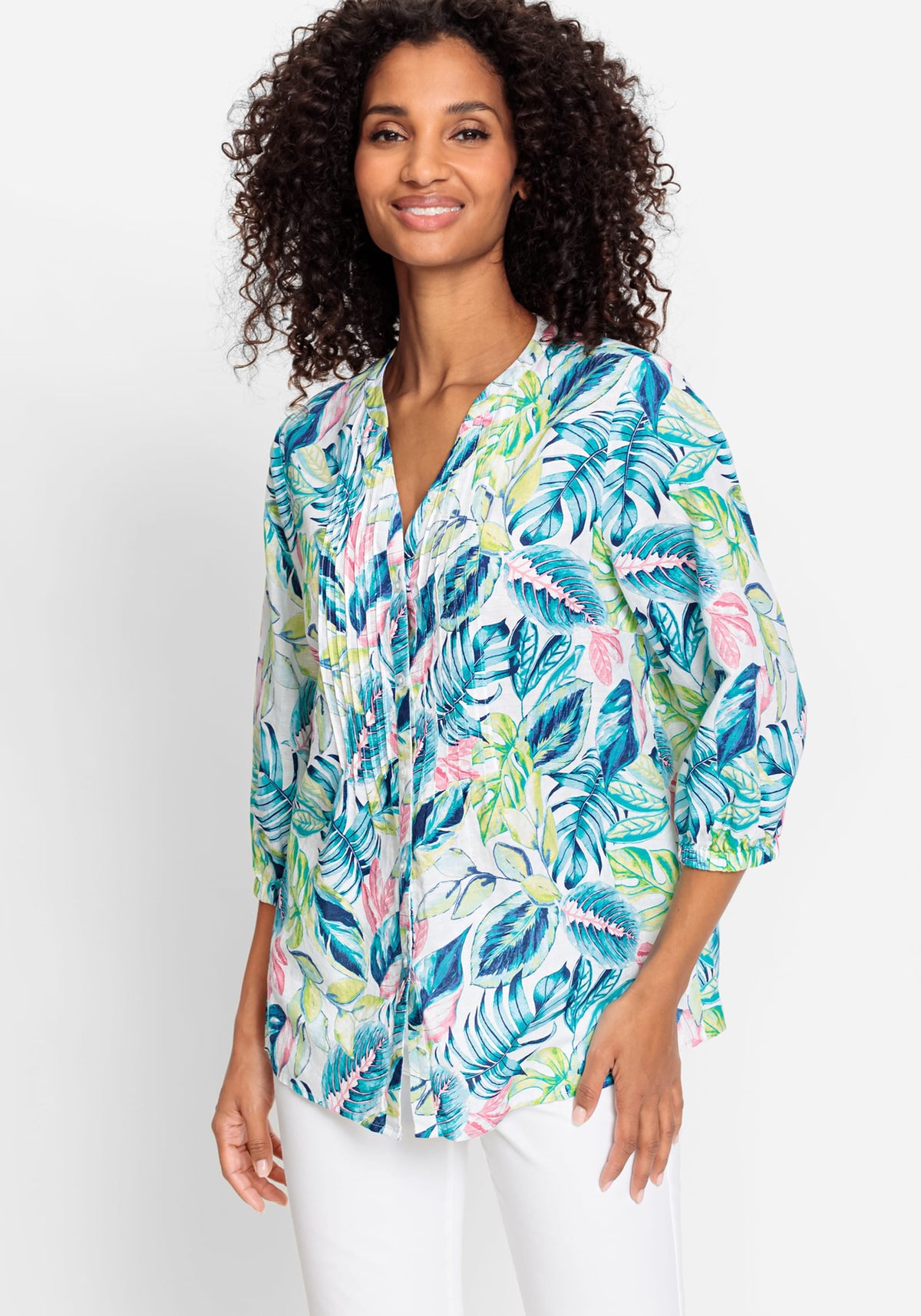 Cotton Linen 3/4 Tropic Print Tunic Shirt